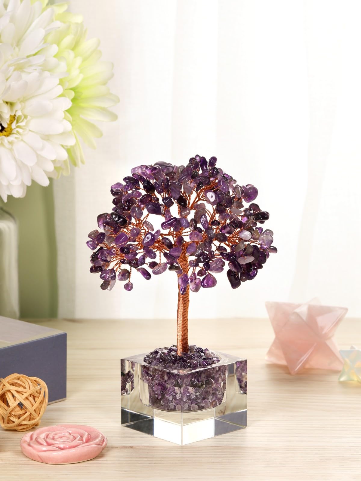 JSDDE Arbre de Vie en Pierres Naturelles avec Base Cube Transparent en Verre Feng Shui Bonsai Arbre de Cristal Porte Bonheur 7 Chakra Reiki Guérison Spirituel Décoration Maison Intérieurs (Améthyste)