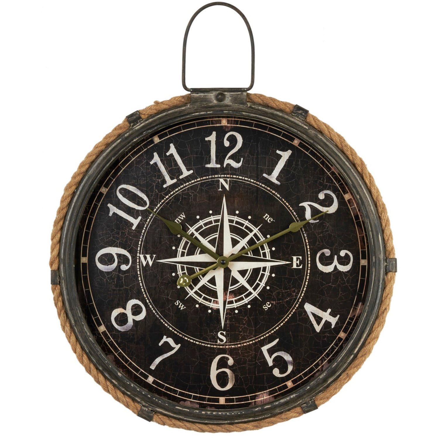 wilko Nautical Compass Round Wall Clock, Brown, 58.5cm, Rope Surround with Metal Handle
