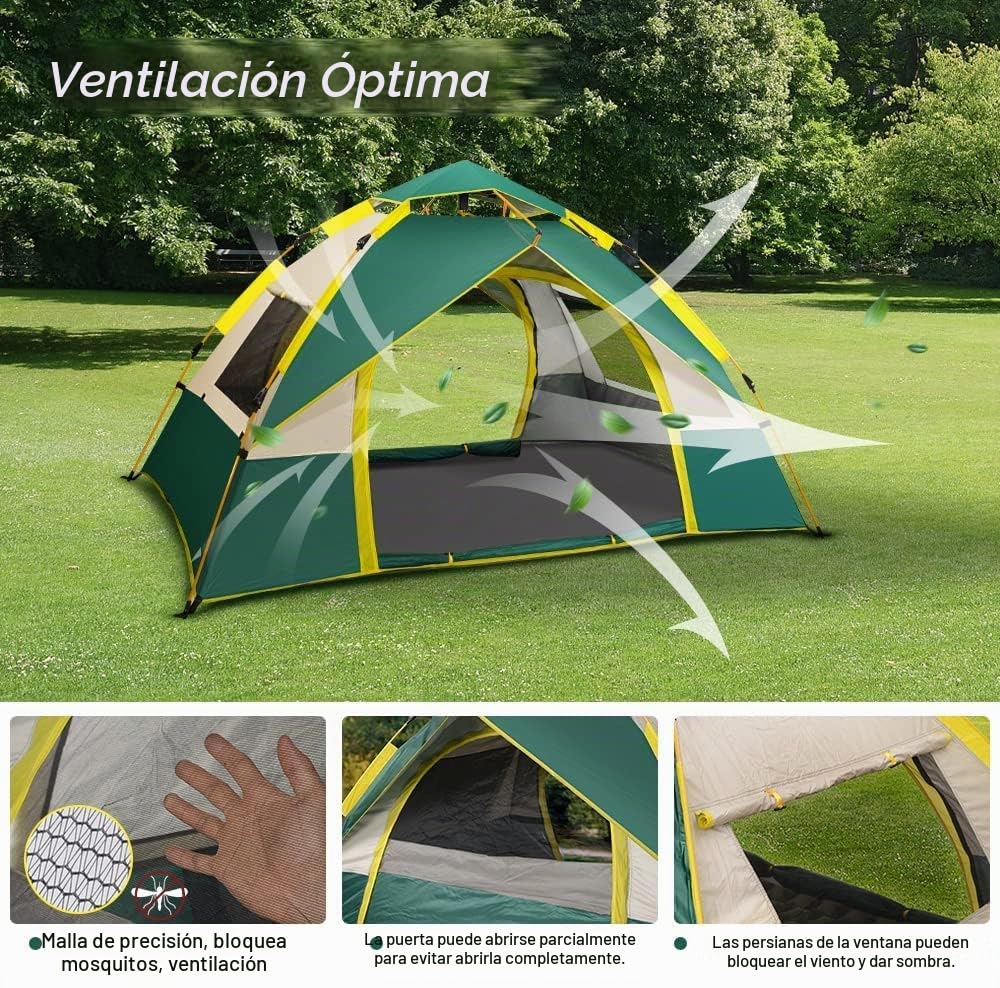 LOLO Casa de Campaña 3-4 Personas 200x200 cm, Tiendas de Campaña Instantánea Impermeable, Tienda de Acampar Familiar con Capa de Protección Solar 2 Puertas 2 Ventanas para Camping