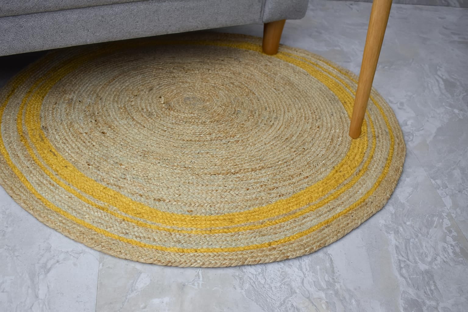 Tapis Rond en Jute tressé à la Main pour décoration d'intérieur, Beige + Jaune (180x180 cm Round)