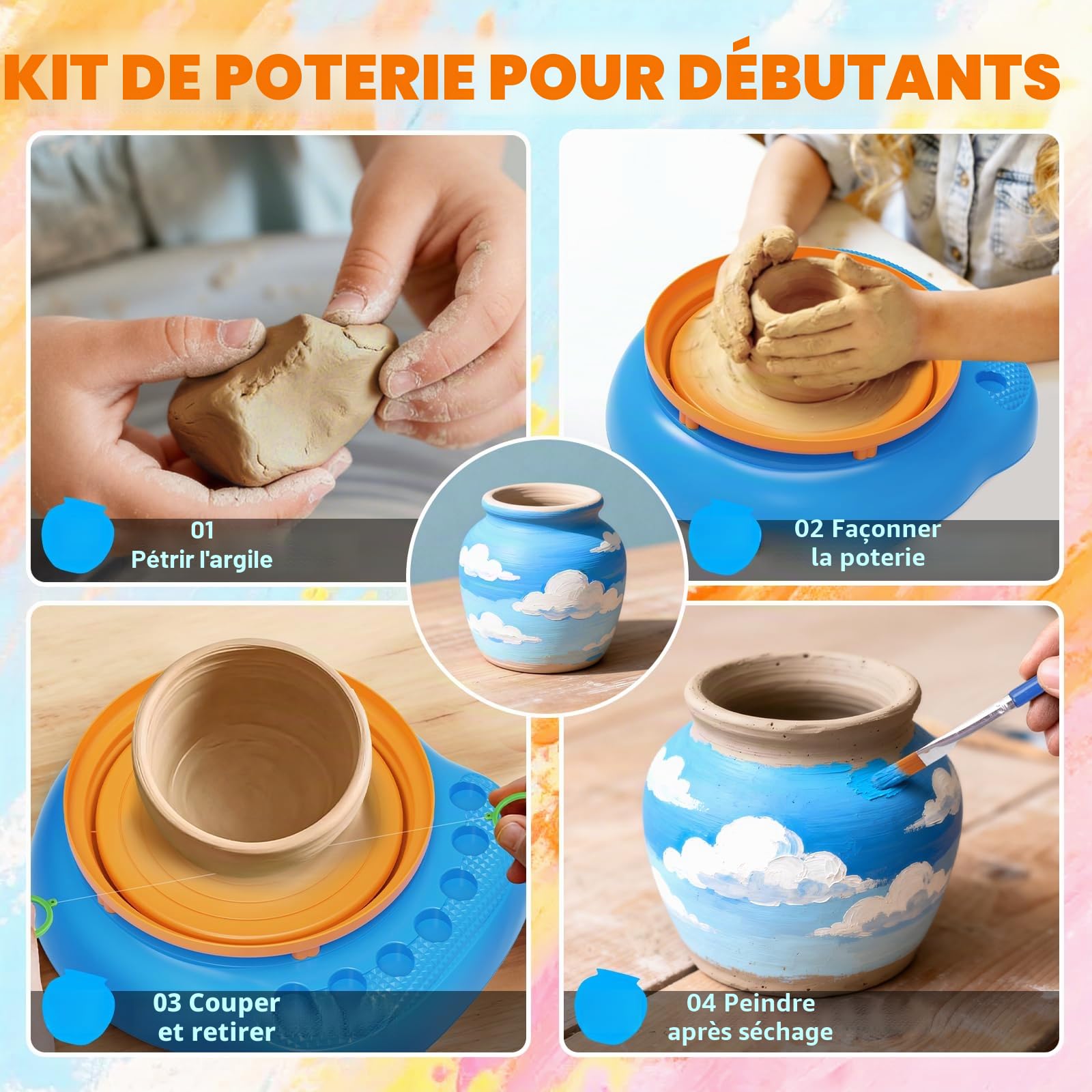 Tour de Poterie Enfant 6-12 Ans, Kit Poterie avec Argile | Kit loisir créatif DIY avec 3 argiles autodurcissantes, 14 peintures, pédale et USB – cadeau pour fille et garçon