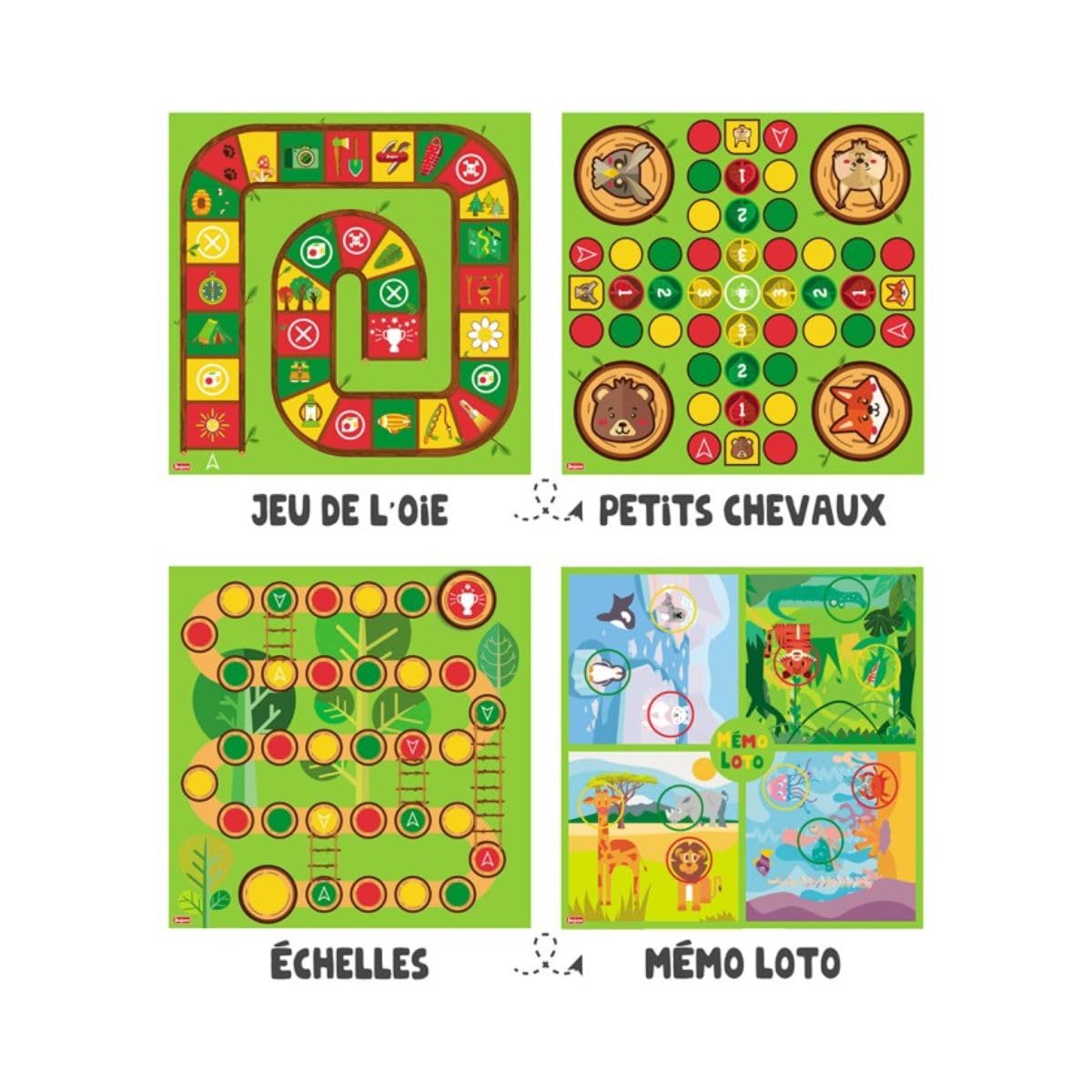 Jeujura - Mon Premier Coffret de Jeux - Jeu de Société dès 2 Ans - 8110 | Jeux traditionels adaptés aux enfants - Jeux des petits chevaux, de l'oie, des échelles, mémo-loto Coffret en bois
