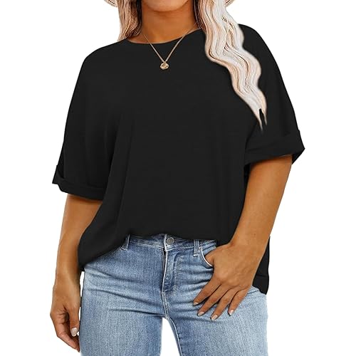 Womens Plus Size Tops Oversized Half Sleeve Crew Neck T Shirts Loose Fit Tee Top Summer Flowy Casual Blouses XL-5XL