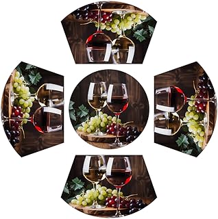 Wine Glass Fruit Grapes PVC Wedge Placemats for Round Table Set of 5, Heat Resistant Dining Table Mats with Center Round Mat, Washable Non-Slip Place Mats