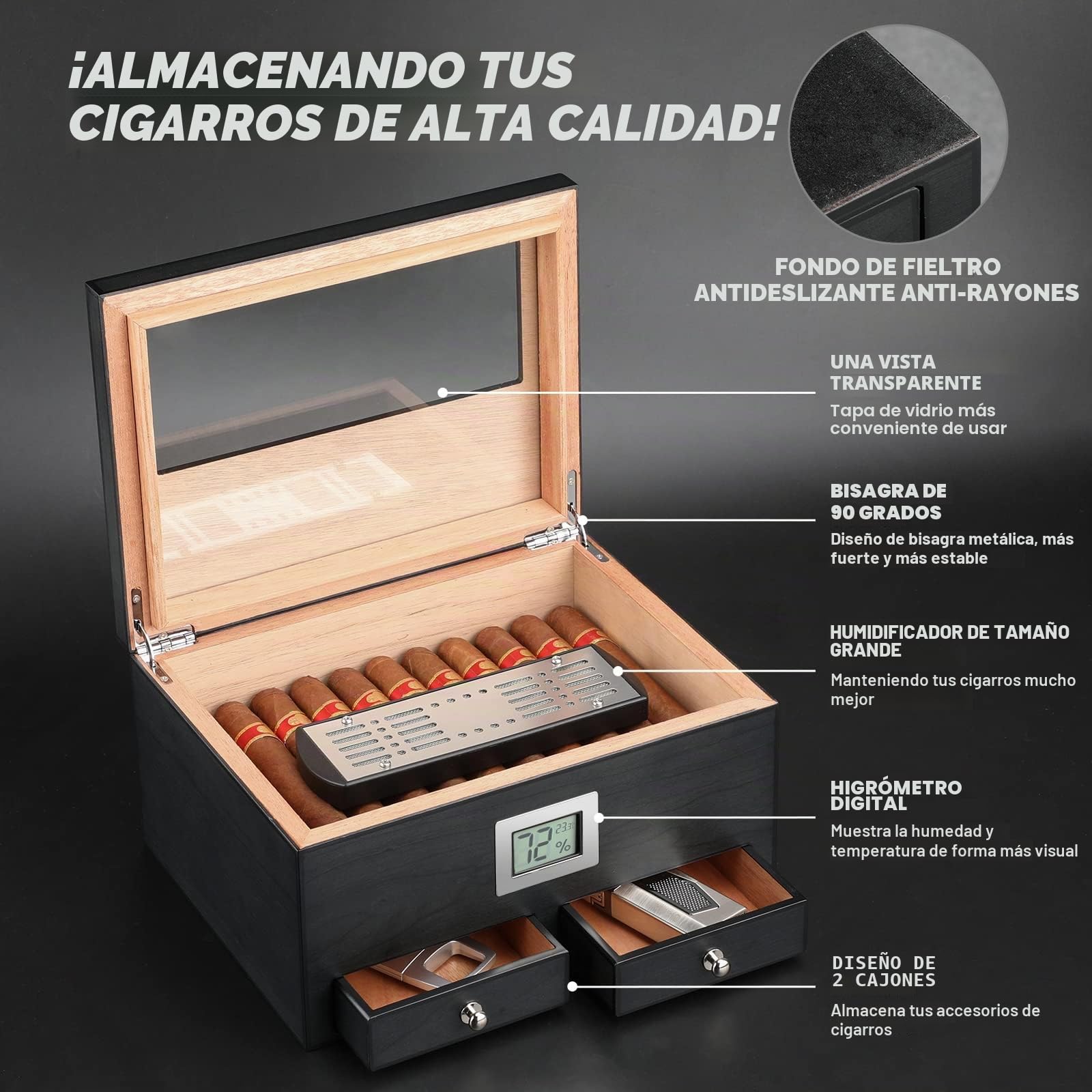 Humidificador de puros con 2 cajones, accesorios para puros, caja de madera de cedro maciza, regalos para hombres, humidificador de cristal, funda
