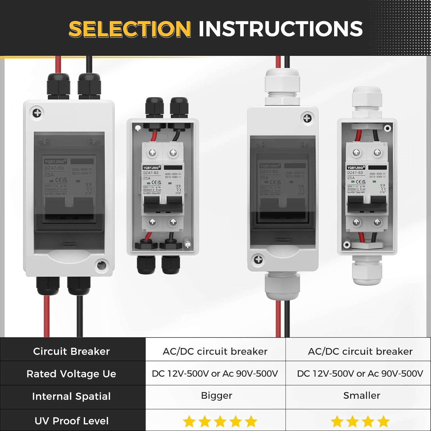 Solar Panel Disconnect Switch 25 Amp 4 Holes DC AC Miniature Circuit Breaker 500V 2 Poles with PV Connector and IP65 Waterproof UV-Proof Box for Outdoor Solar PV Homes Battery