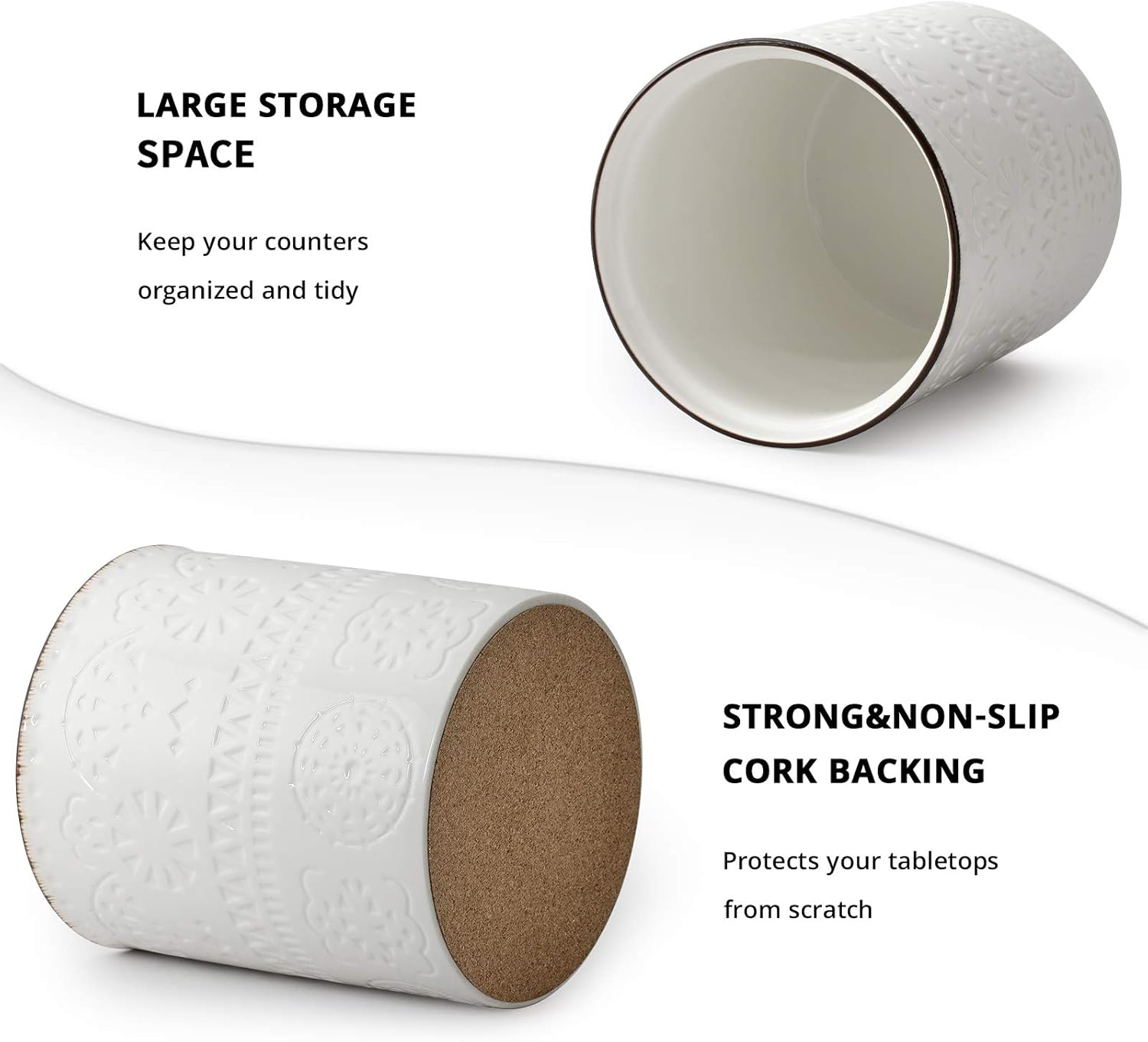 LIFVER Kitchen Utensil Holder, 7.2″ White Farmhouse Utensil Holder for Kitchen Counter, Extra Large Kitchen Utensil for Countertop, Heavy Ceramic Utensil Crock for Christmas Décor, Cork Mat : Home & Kitchen