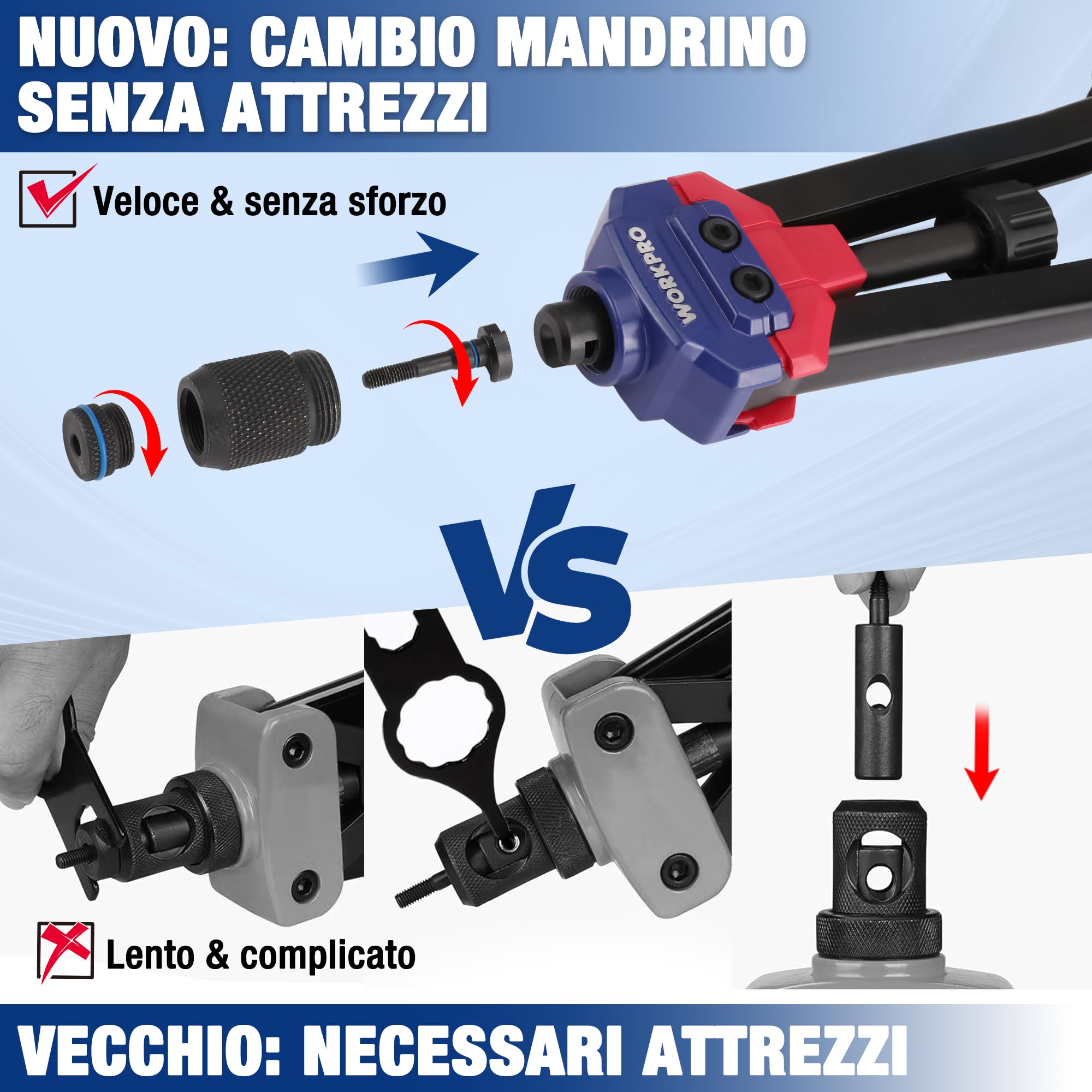 WORKPRO Strumento per Rivetti da 40,6 cm, con 11 Mandrini metrici e SAE, Set di Rivetti a Mano con 185 rivadi, rivettatrice Manuale con Inserto filettato con Custodia per Il Trasporto | Set di Rivetti a Mano con 185 rivadi, rivettatrice Manuale con Insert