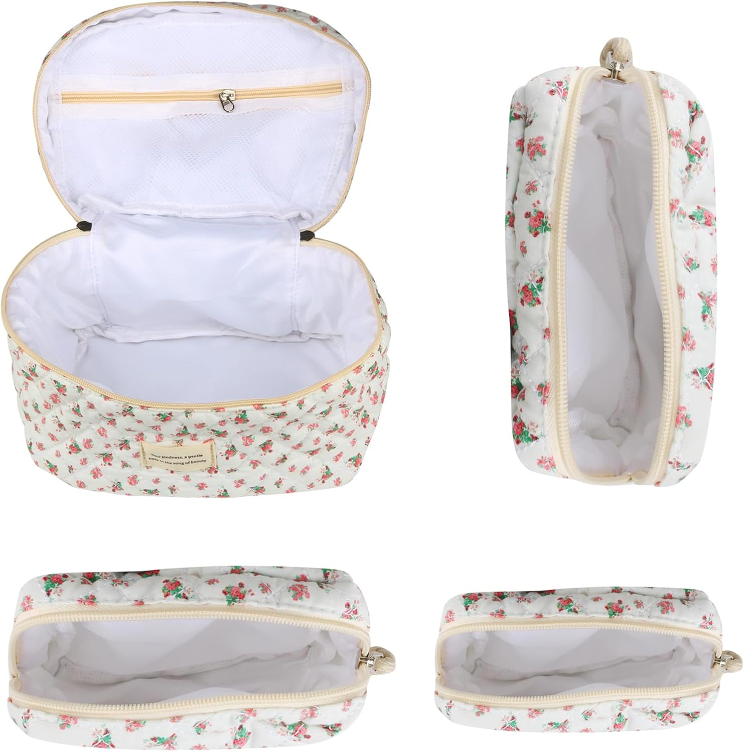 VIWIME Makeup Cosmetic Bag, Large Cotton Quilted Travel Coquette Aesthetic Cute Floral Make up Bag for Women Toiletry Bag Organizer (202- Red Rose / 4Pcs) - Image 5