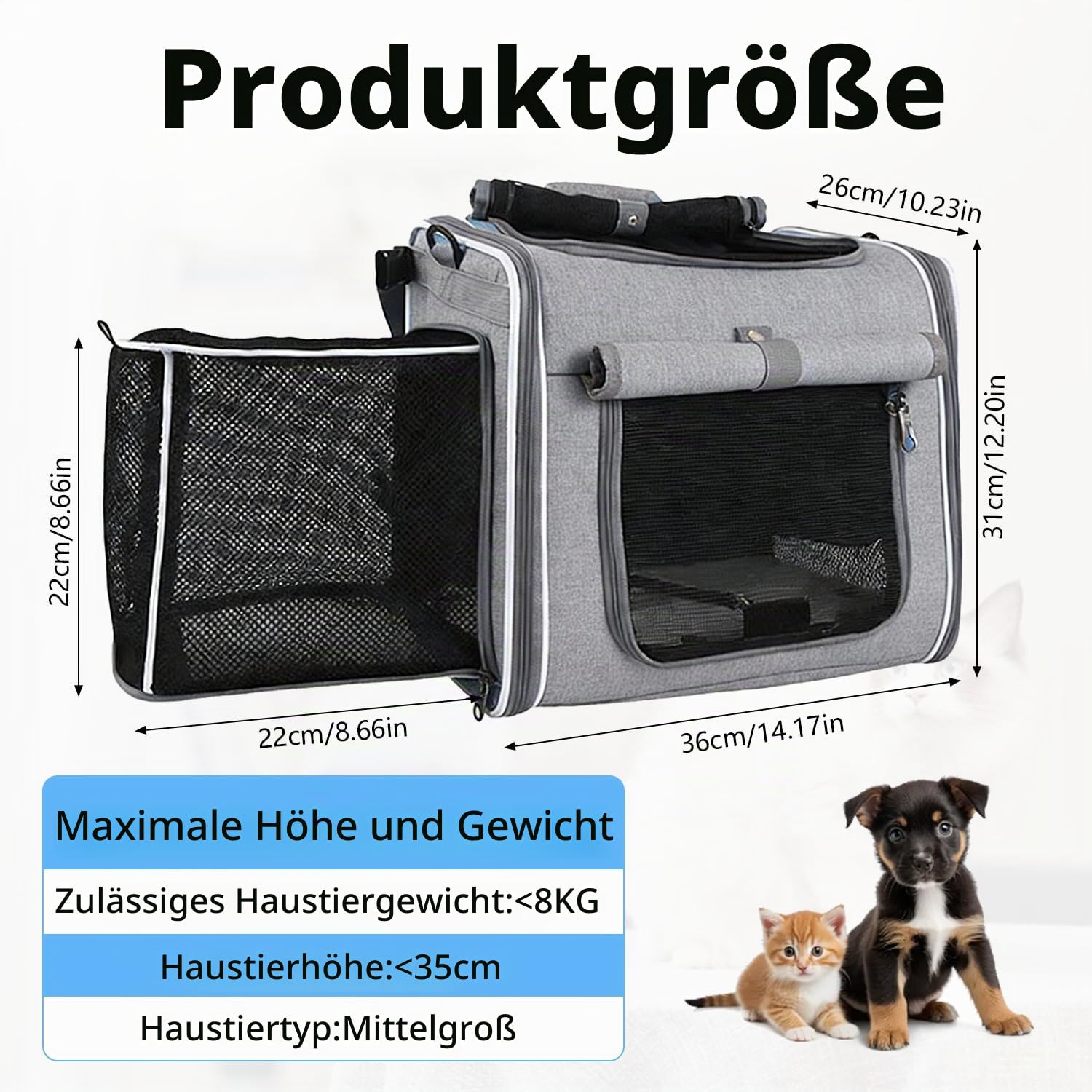 4-in-1-Transporttasche für Katzen und Hunde, Fahrradkorb-Rucksack-Umhängetasche für den Autotransport, für kleine Haustiere bis zu 15 kg, Abnehmbarer Fahrradkorb für den Lenker mit Sichtfenster