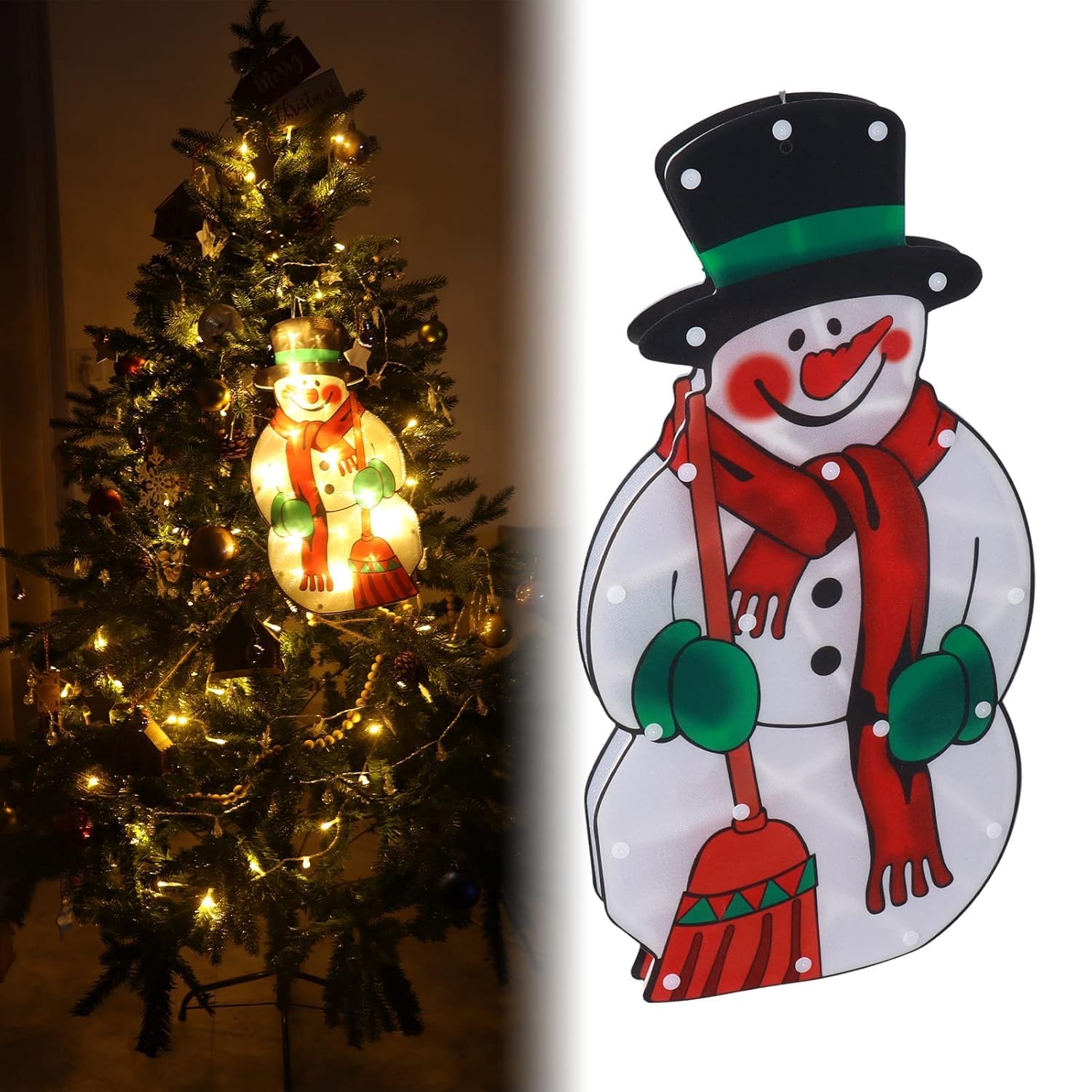 Snowman Christmas Window Light – 20 Bulb Glitter Silhouette Decoration with Suction Hook & Spare Bulb – Battery & USB Powered – 3×AAA Required (Not Included) Xmas Window Display