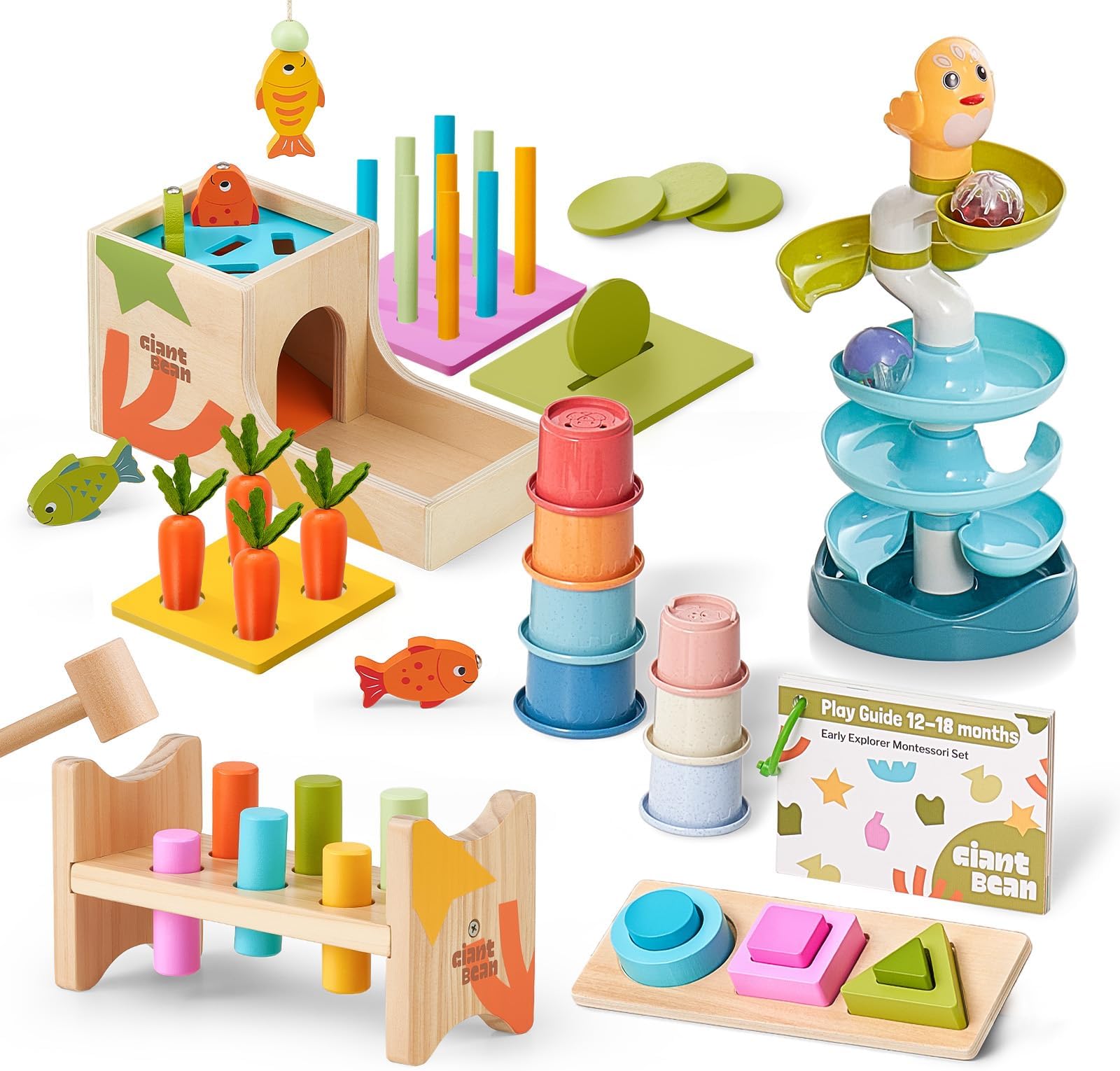 8-in-1 Wooden Montessori Toys Set Learning Toys for Baby 12-18 Month with Object Permanence Box, Senser Ball Roll Tower, Hammer, Fishing Carrot, Shape Sorting Stacking Cup for Kids 1+