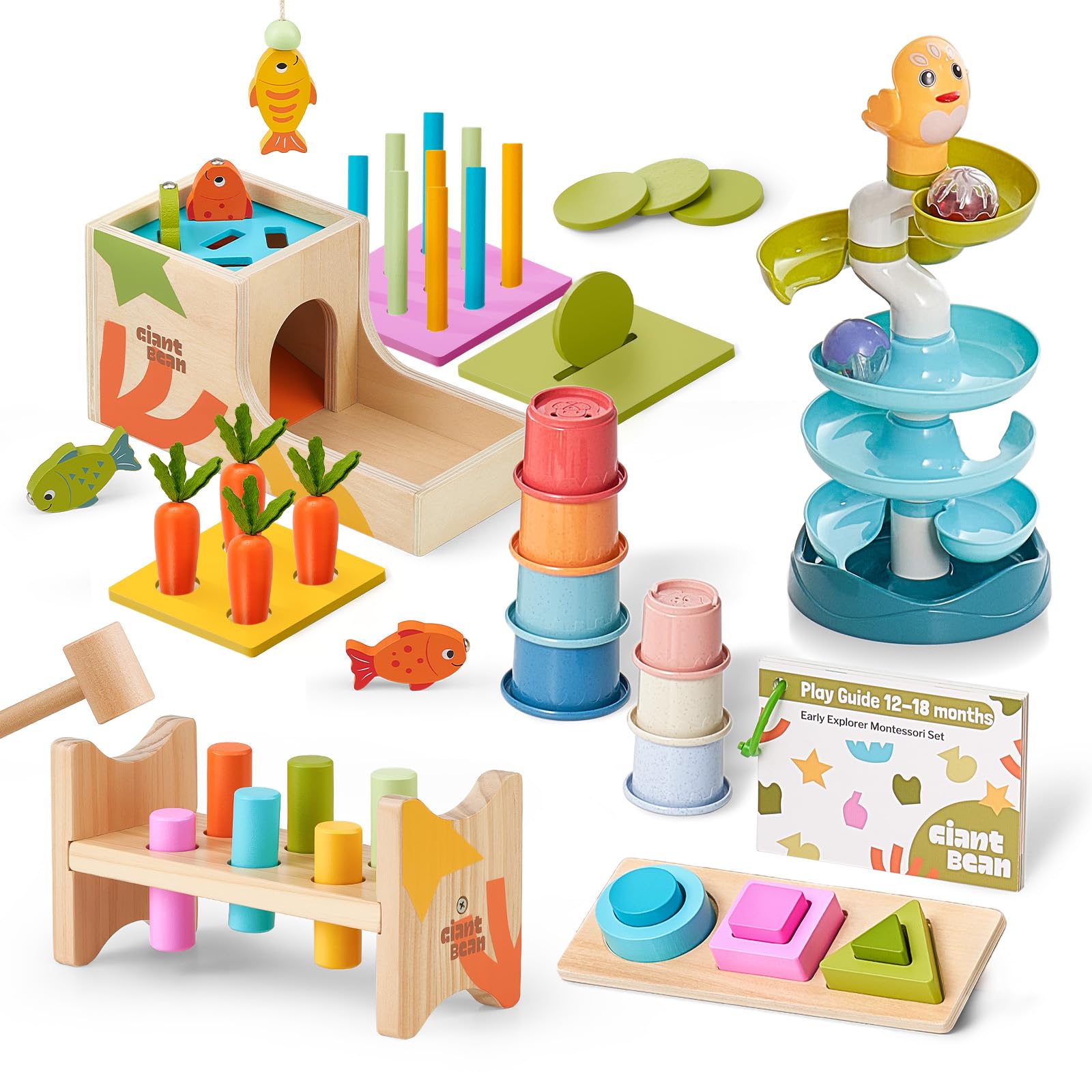 Giant bean 8-in-1 Wooden Montessori Toys Set Learning Toys for Baby 12-18 Month with Object Permanence Box, Senser Ball Roll Tower, Hammer, Fishing Carrot, Shape Sorting Stacking Cup Cub for Kids 1+