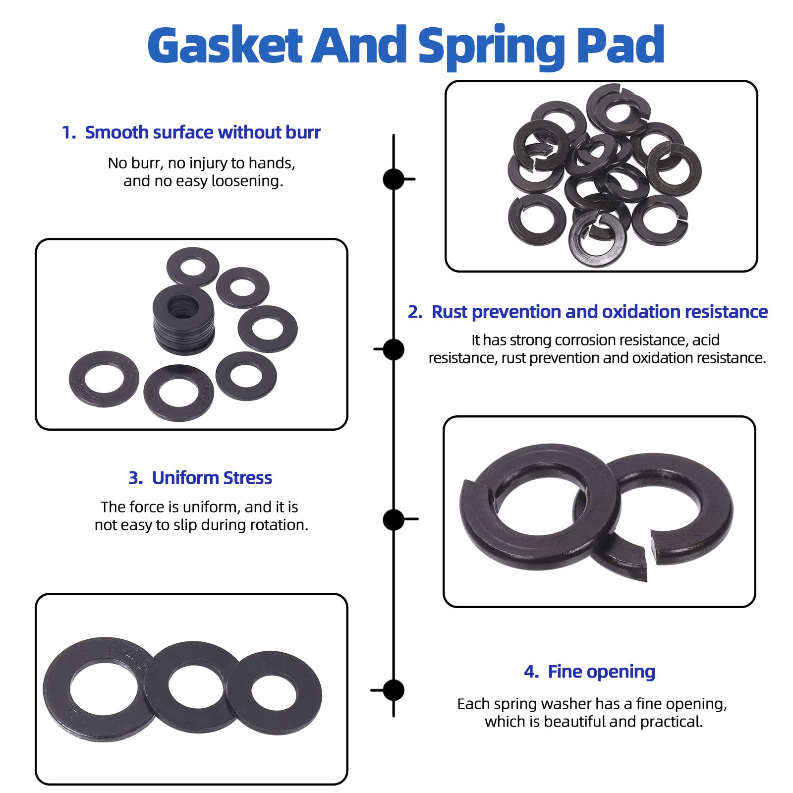 Glarks 512Pcs 1/4-20", 5/16-18", 3/8-16" Kit d'assortiment de rondelles de vis hexagonales de grade 8, rondelles de verrouillage de vis hexagonales noires et rondelles de joint plat