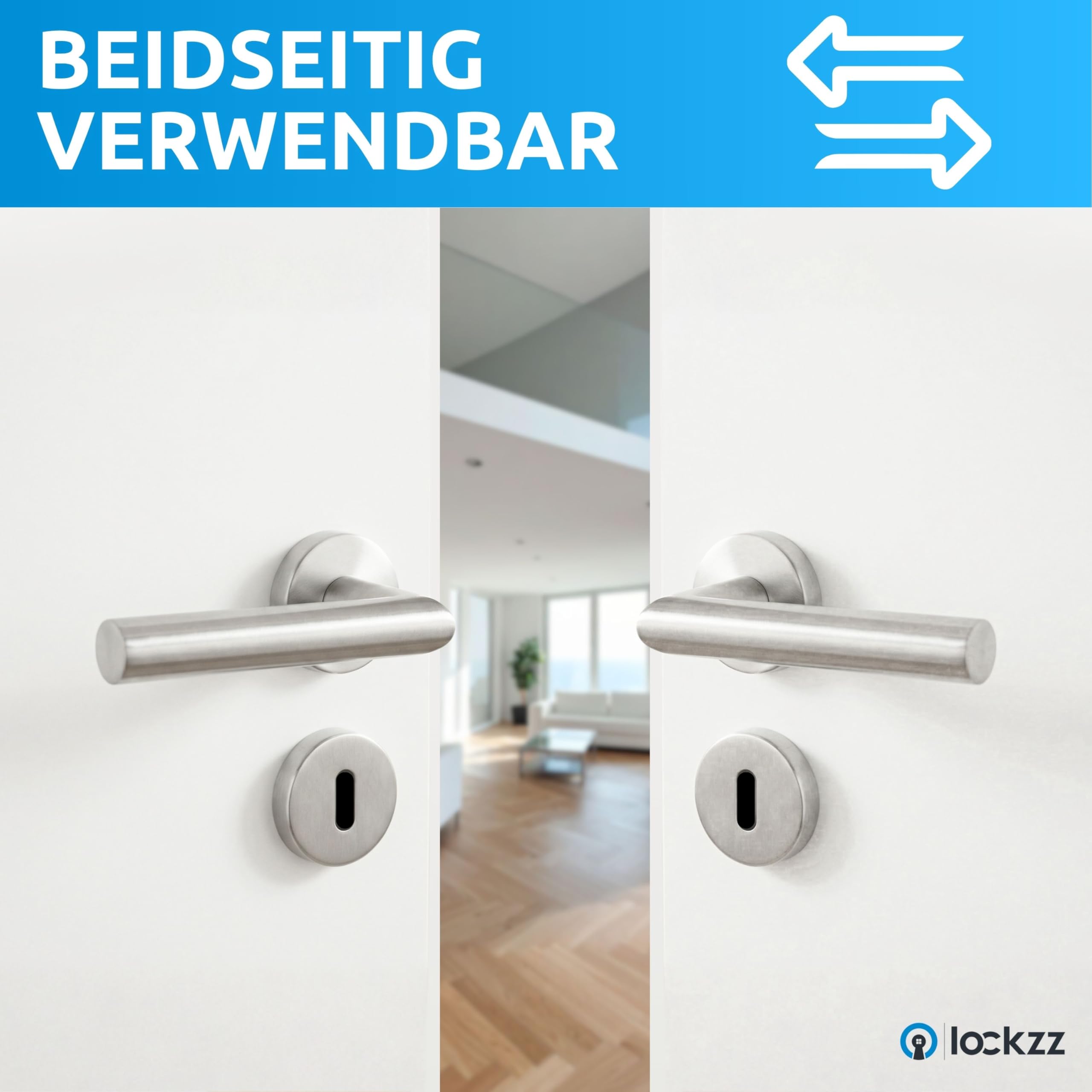 lockzz Türgriff Drückergarnitur Würzburg Edelstahl Matt Gebürstet – Türbeschlag für Badezimmertüren & WC – L-Form Rund-Rosette mit Sperrriegel & Hochhaltefeder – Badtürgriff Set