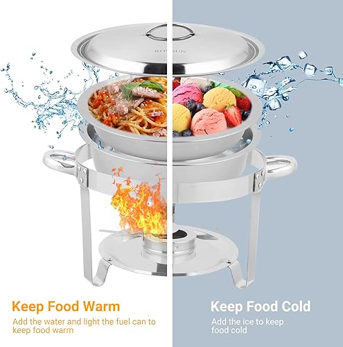 Miniatura 4 de ROVSUN Juego de bufé de 5 cuartos de galón de acero inoxidable NSF redondo para catering, servidores de buffet y calentadores con soporte de tapa y