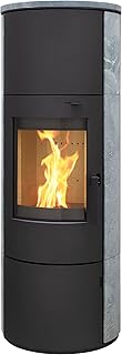 Kaminofen München XL Stahl schwarz Speckstein 7kw Speicherofen mit Steinverkleidung Panoramatür Holzofen Dauerbrand geeignet Schwedenofen 150mm Abgasstutzen selbstschließende Tür (Bauart 1)