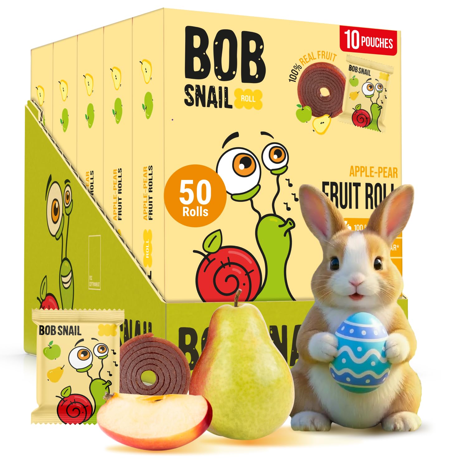 Bob Snail Apple-Pear Fruit Roll Ups – Healthy Sweets Snacks, Real Dried Fruits, No Added Sugar, Vegan, Nut Free, Candy for Adults, Kids – Bulk 50 pcs Rolls, 500g