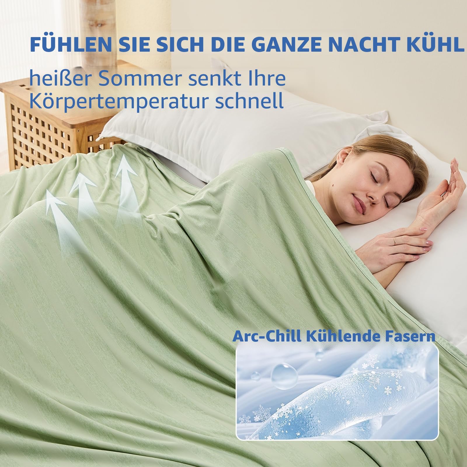 EMME Kühldecke Kühlende Decke, Arc-Chill Q-Max>0,5, 152 x 203 cm, 2 in 1 Doppelseitige Dünne Sommerdecke, Leicht Atmungsaktiv Tagesdecken, Sofa Decken,Bettüberwurf Kuscheldecke,Grün Gestreift