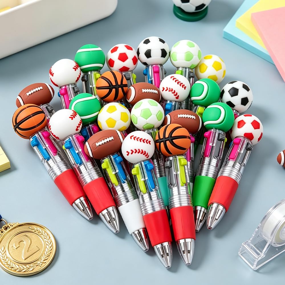 HIULLEN 24 Pcs Mini Multicolor Pens, Football Sport Pen, Football Mini Pens, All in One 4 in 1 Cute Pen for Party Bag Fillers for Students School Gifts Classroom Rewards