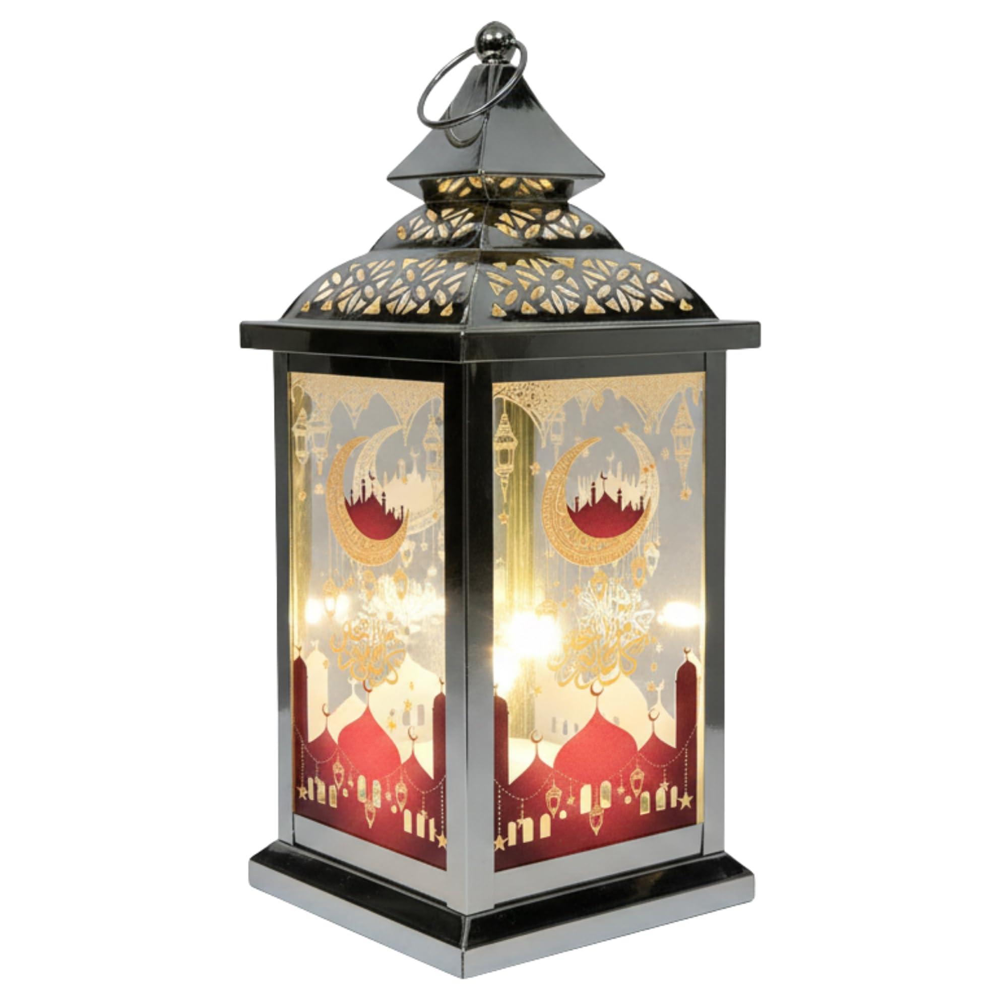 Ramadan LED Lantern for Home Décor - Arabic Fanoos Style Metal Moroccan Lantern with Warm Light/ Vintage Hanging Lanterns for Living Room, Majlis, Mosque, Table, Balcony & Best Eid Gifts فانوس رمضان