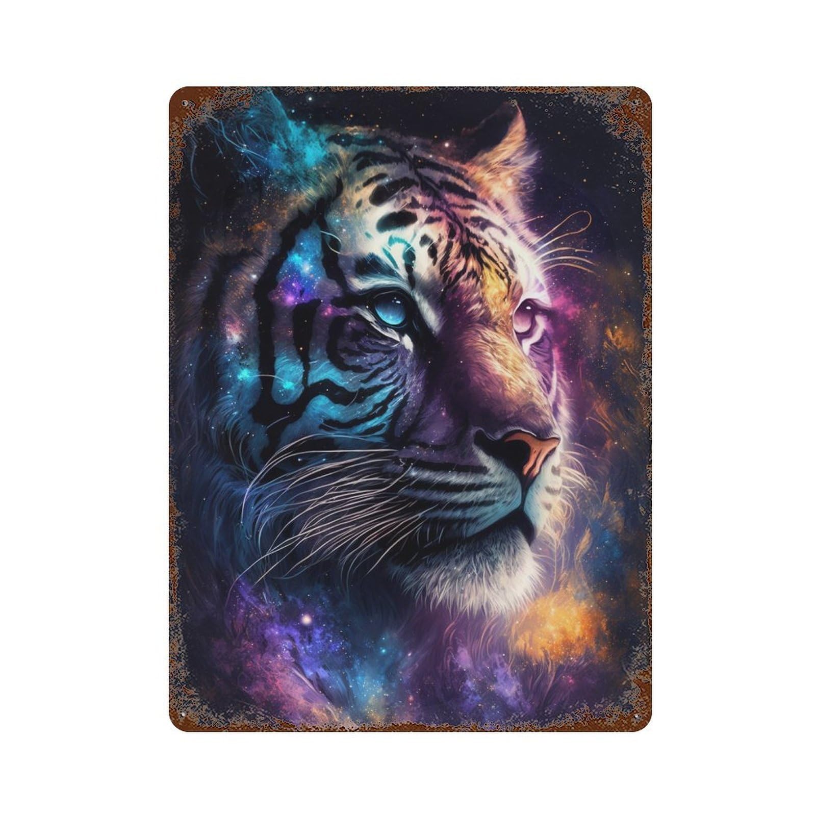 Cosmic Tiger Art Print Rustic Tin Plaque 15.7"x11.8", for Shed, Workshop And Garage Wall Decor, Shabby Chic Decor