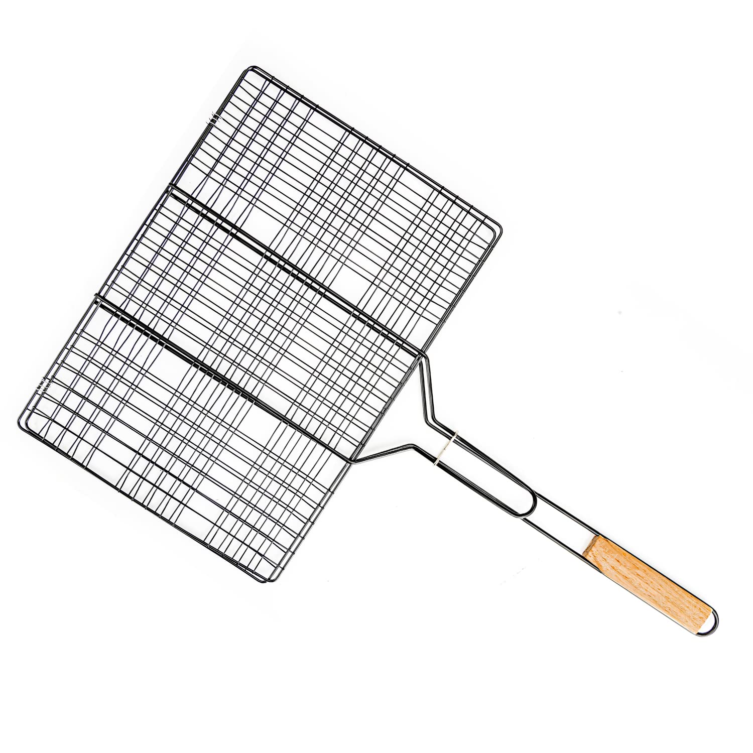 Royalford Barbeque Grill Chromium Plated Iron RF10374 - Wooden Handle, Folding Portable BBQ Basket for Fish Vegetables Shrimp, Larger Grilling Area