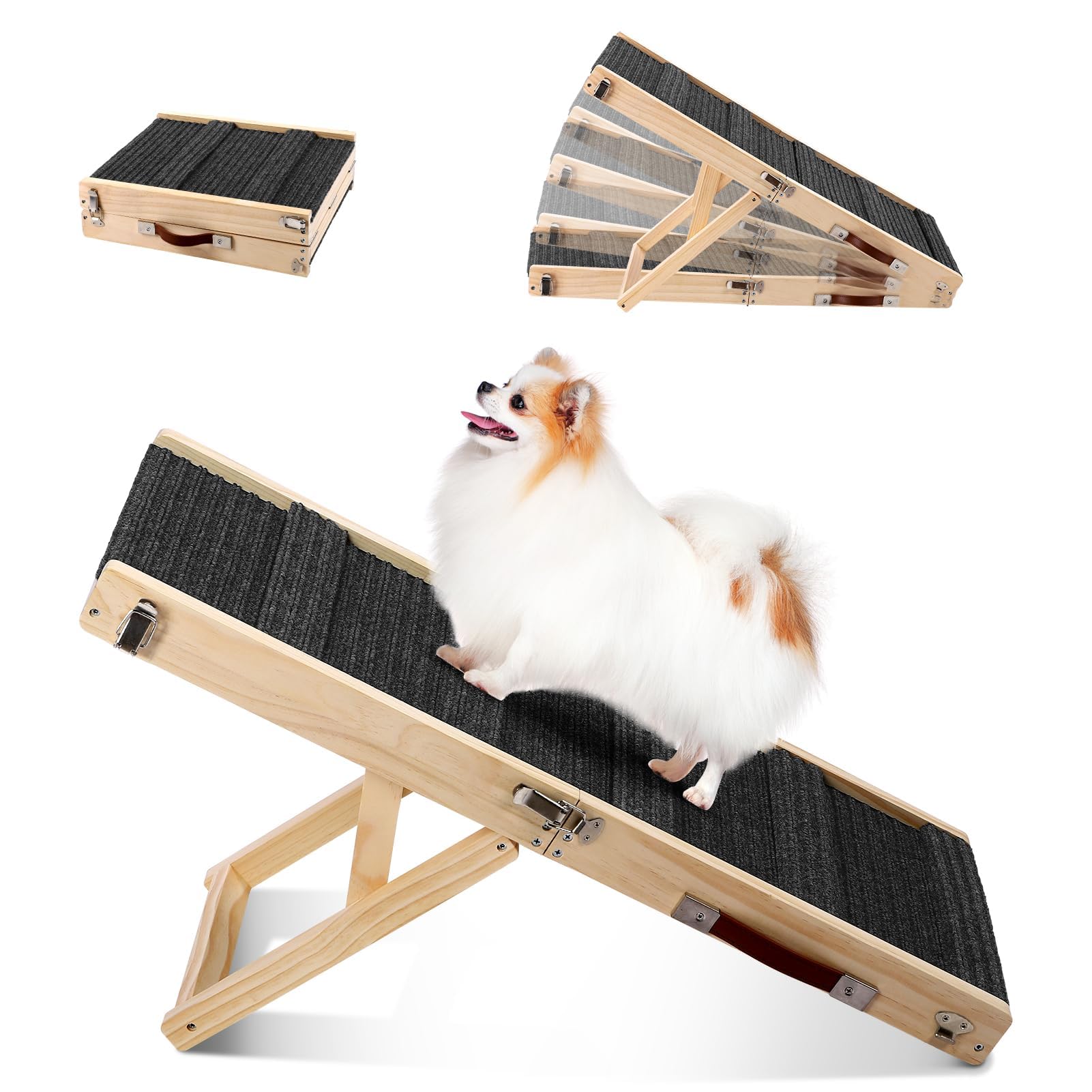 Rampa Plegable para Perros de Madera para Cama, sofá, rampa Ajustable para Perros pequeños, Altura 25-52 cm, Longitud 83 cm, Ancho 35cm, Superficie Antideslizante, Escalera para Perros