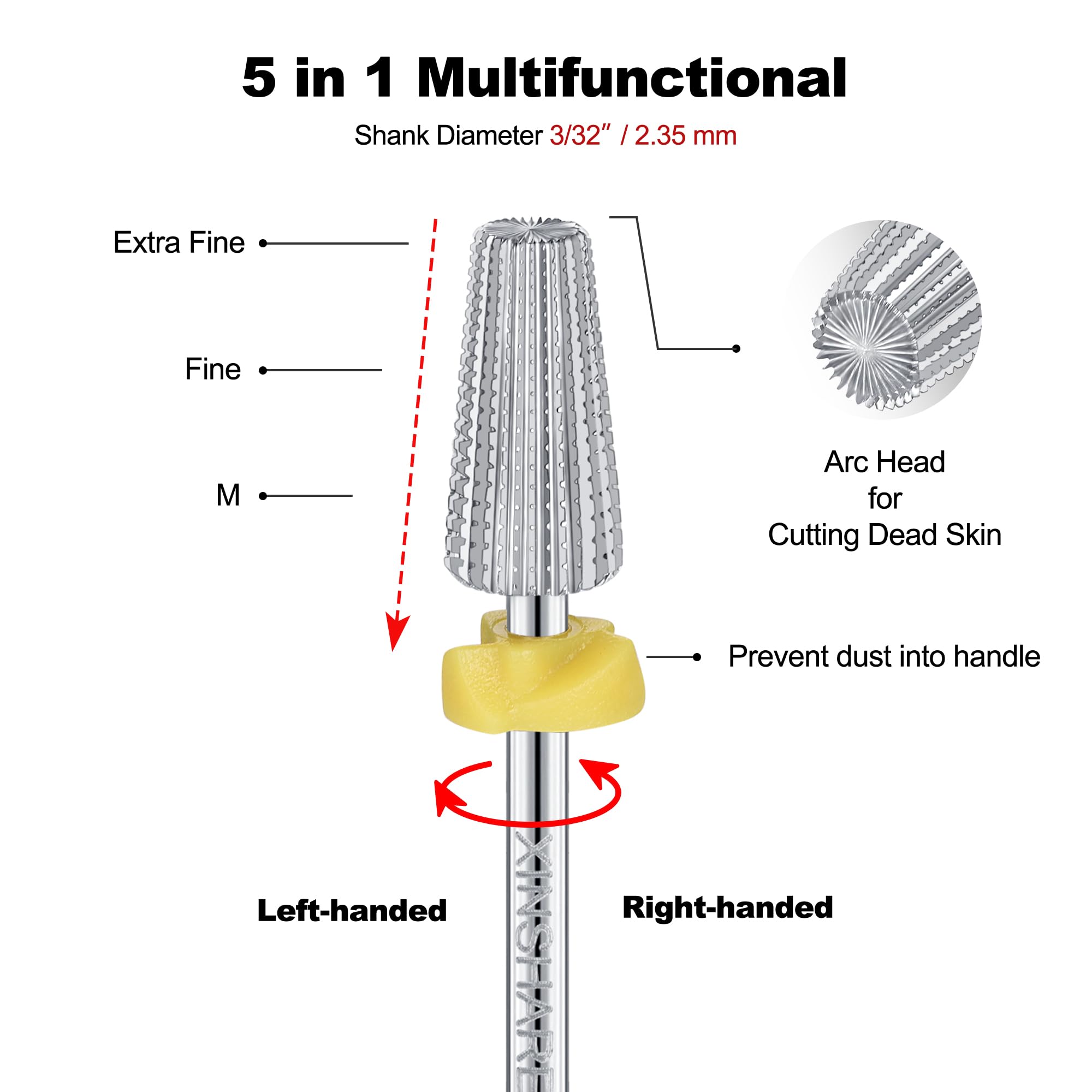 Nagelbohrer, 5-in-1, multifunktionaler Bohrer, Hartmetall, 2-Wege-Rotation, für Links- und Rechtshänder, schnelles Entfernen von Acryl oder hartem Gel, Maniküre-Nagelbohrmaschine, extra fein