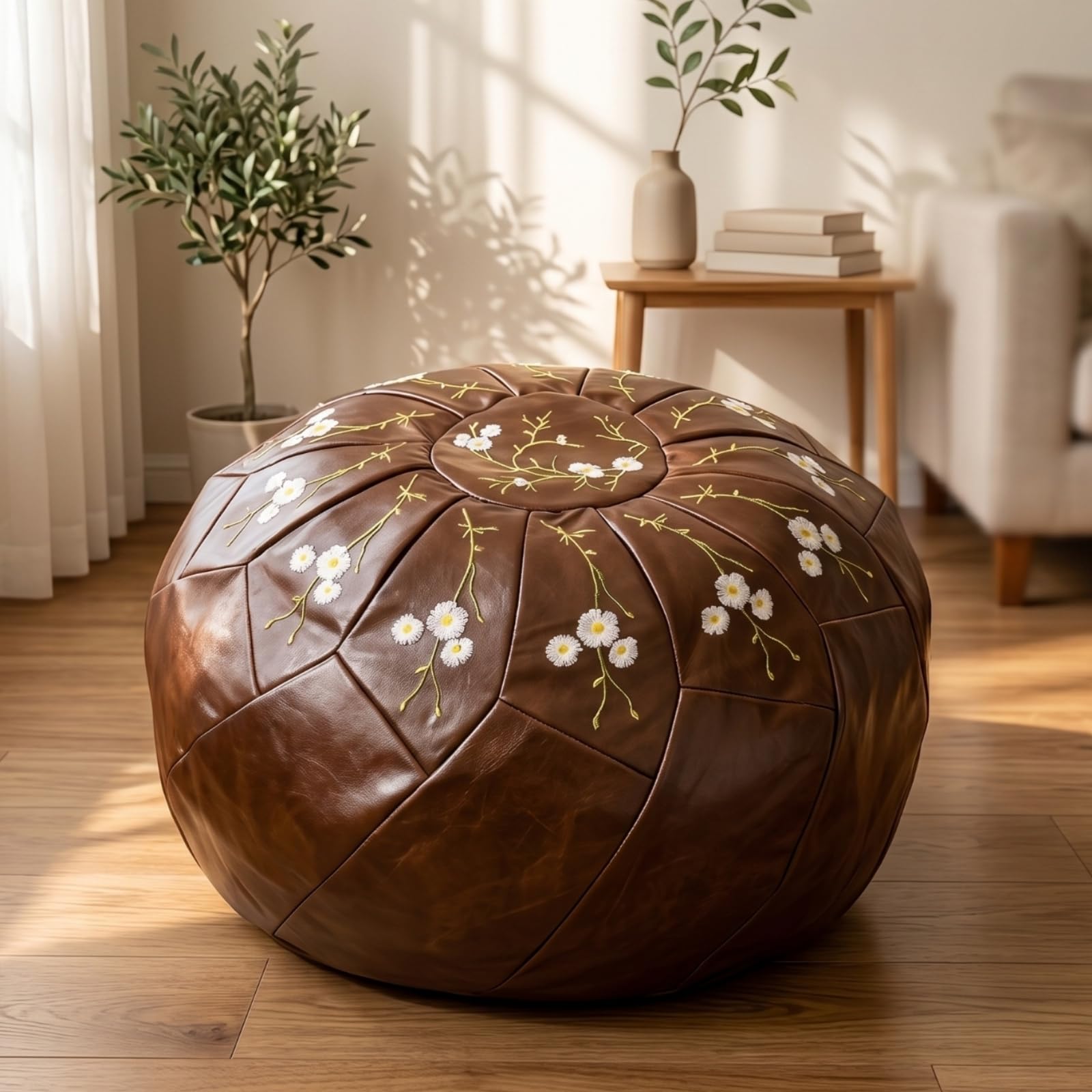 predolo Pouf Imbottito Rotondo Cuciture a Pannelli Pouf Decorato Ricamo Floreale, Marrone Scuro