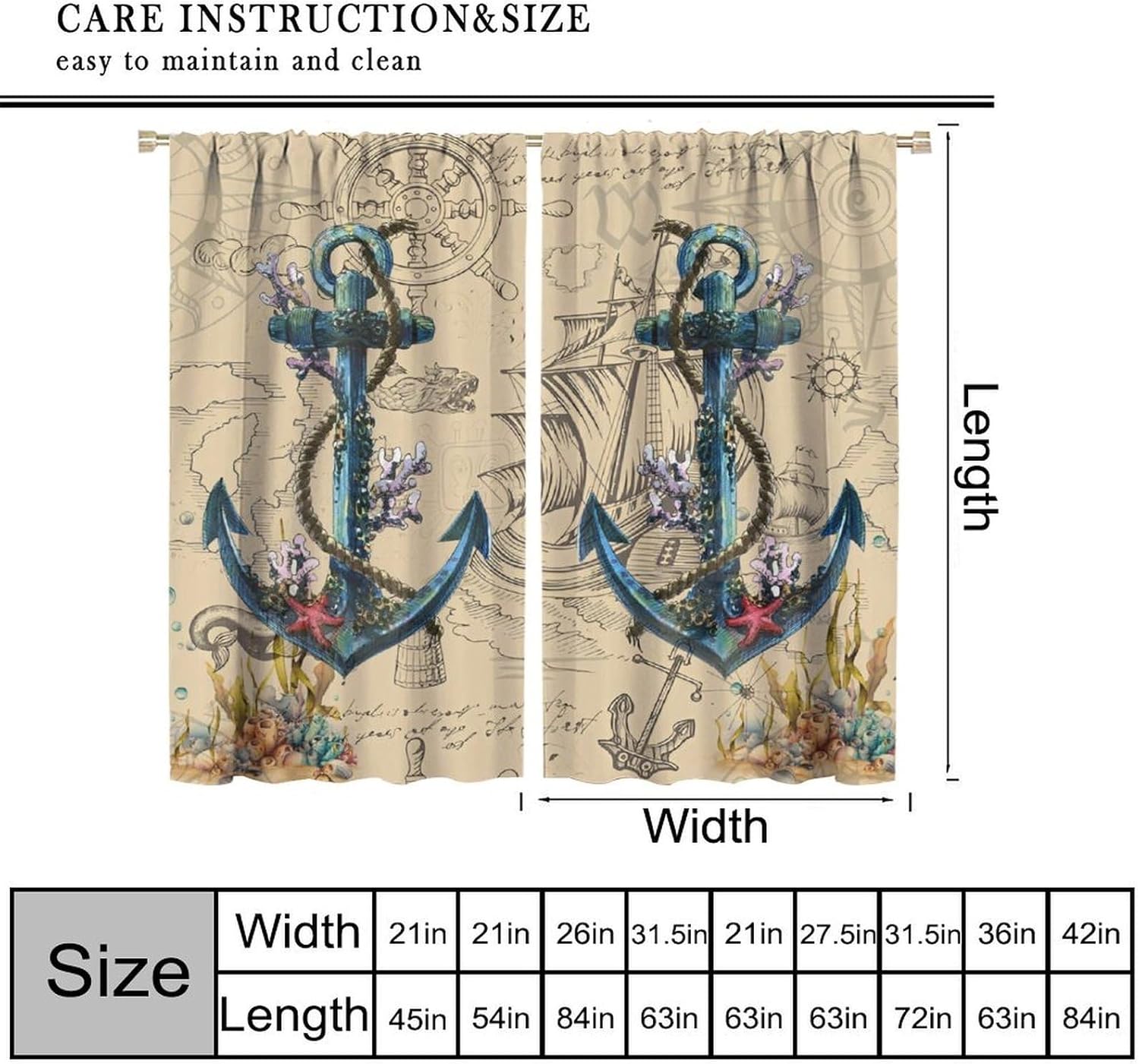 Nautical Blackout Curtains Anchor Compass Sailboat Starfish Colorful Coral Adventure Vintage Window Treatments for Kitchen Boys Bedroom Living Room 42" W X 45" L
