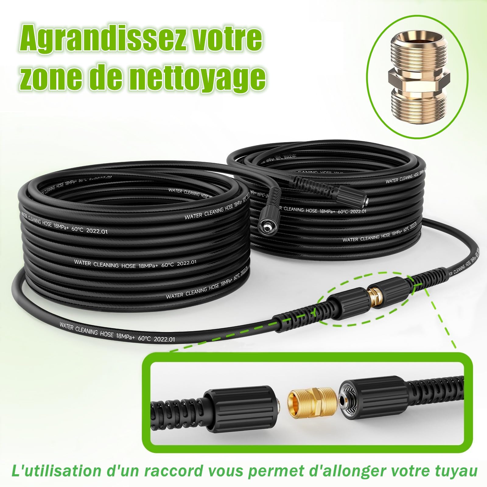 StoneBanks Tuyau d'extension pour Nettoyeur Haute Pression 10m, 2600 PSI M22-14 Femelle Flexible Tuyau de Rechange Haute Pression avec M22 Fileté Mâle Remplacement Connecteur pour Standard M22 HD