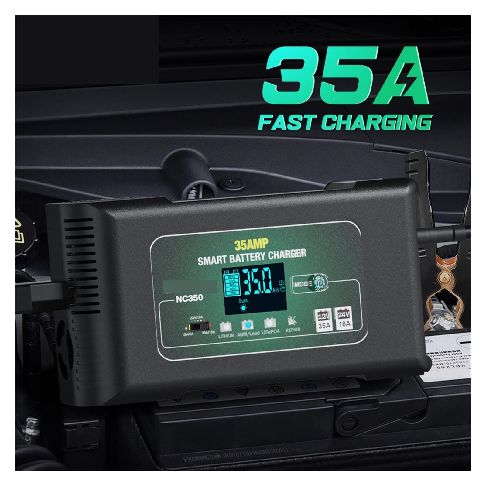 Chargeur de Batterie, 35A chargeur de batterie de voiture réparation d'impulsion affichage LCD Charge rapide intelligente for les Batteries Lithium-acide de plomb de camion de Moto automatique