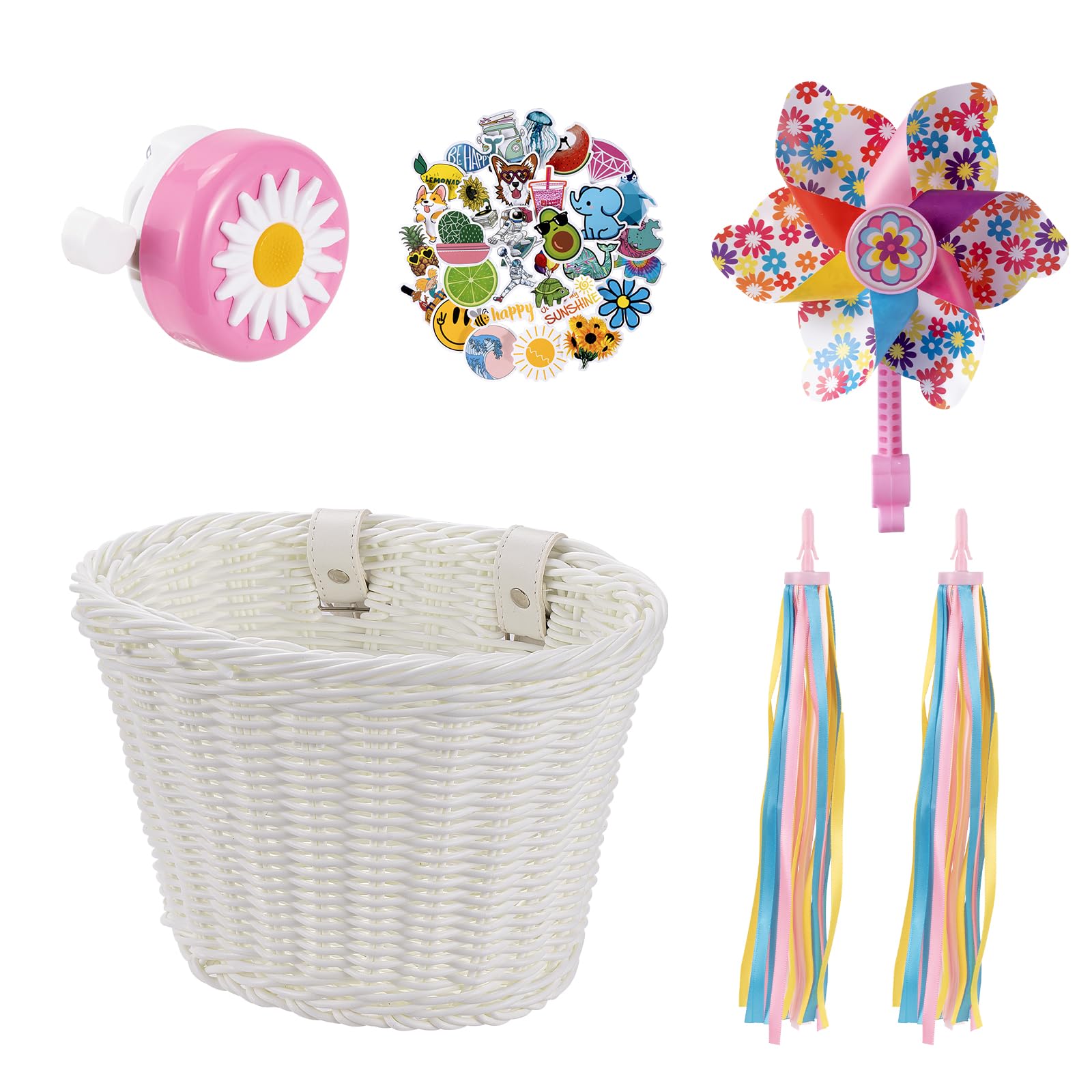 Panier de vélo avant pour enfants, accessoires de vélo pour filles et garçons, panier de vélo tissé avec autocollants, sonnette de vélo, moulin à vent et 1 paire de rubans colorés (panier blanc)