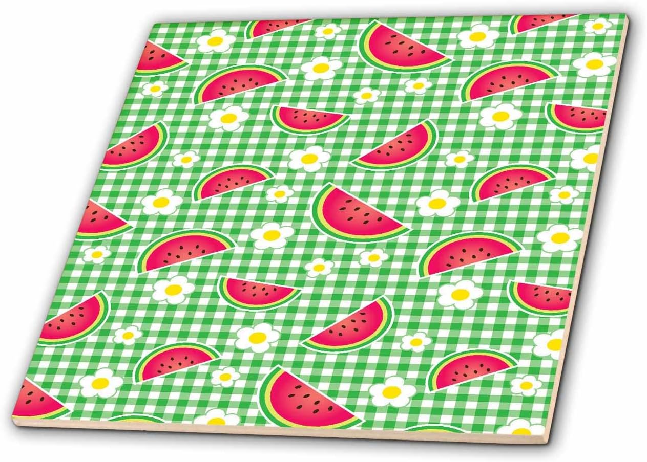 3dRose ct_113404_4 Cute Watermelon Slices and White and Yellow Daisy Flowers on Green White Gingham Plaid Pattern Ceramic Tile, 12-Inch
