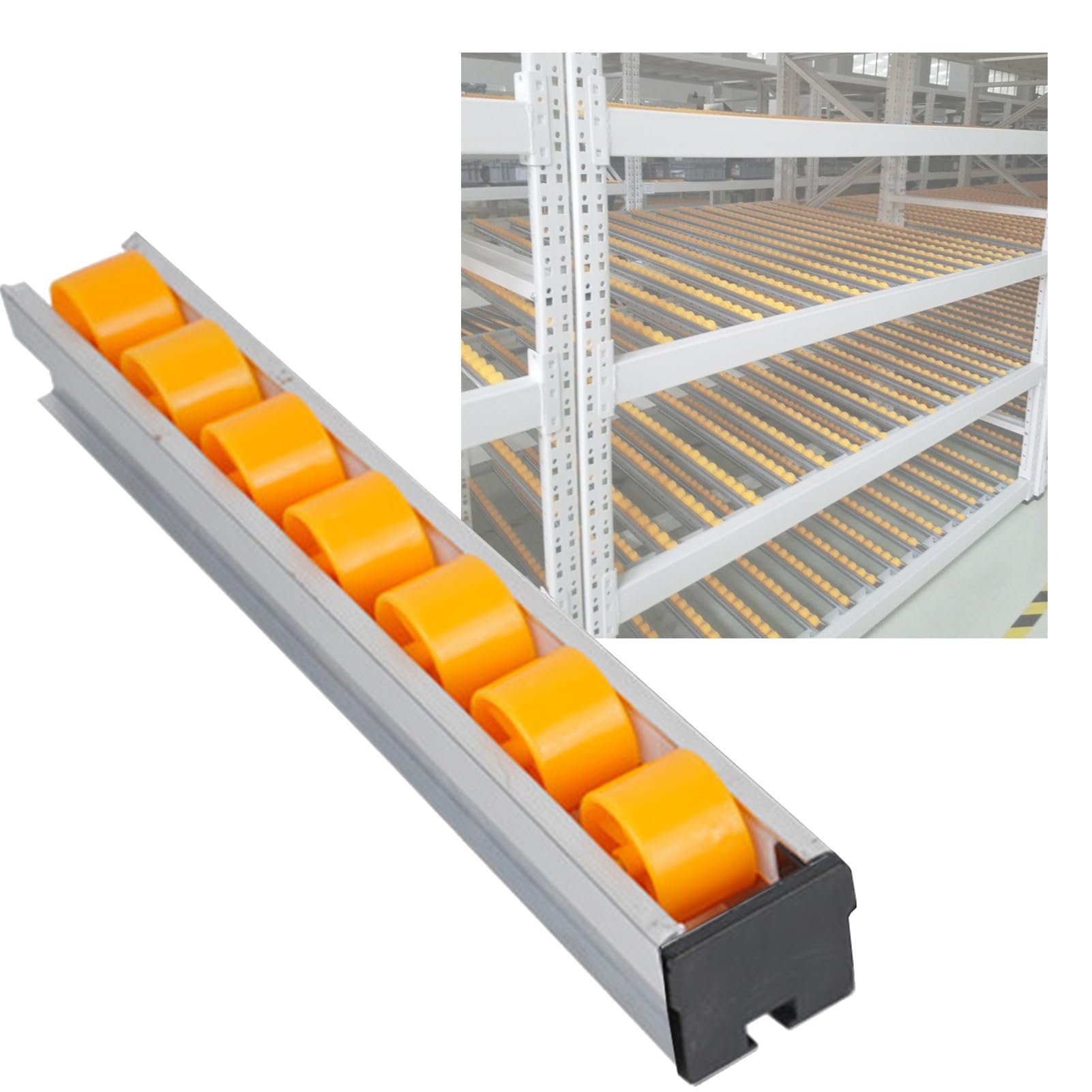 Rodillo transportador con ruedas de plástico para descarga de rack de flujo y sistemas de gravitación