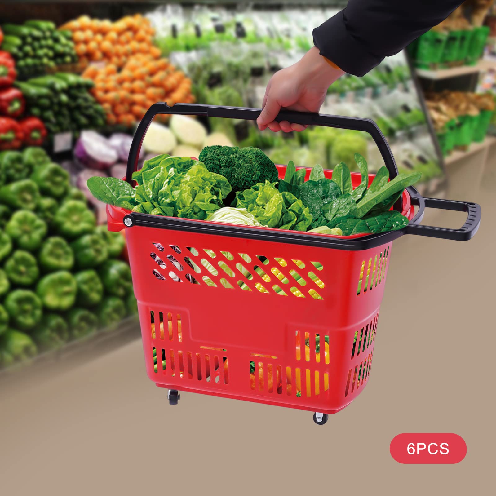 6PCS Shopping Carts, 35L Plastic Rolling Shopping Basket with Wheels, Upgrad Thickened Retail Shopping Baskets with Handles, Large Portable Shopping Basket Set for Supermarkets Retail Stores Grocery