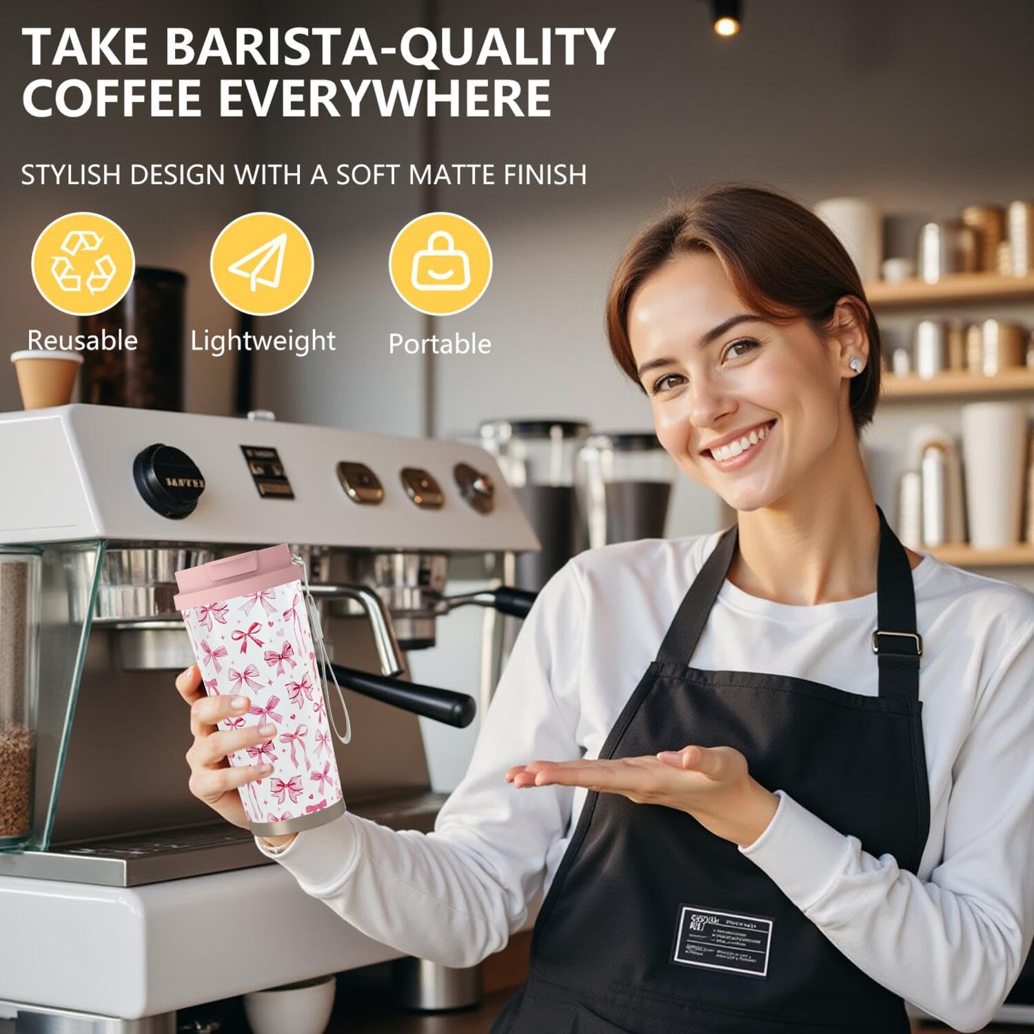 18 oz(530ml) Pink Bow Stainless Vacuum Steel Insulated Coffee Travel Mug Cup Water Bottle Tumbler with Straw,Bow Decor/Accessories for Women - Image 5