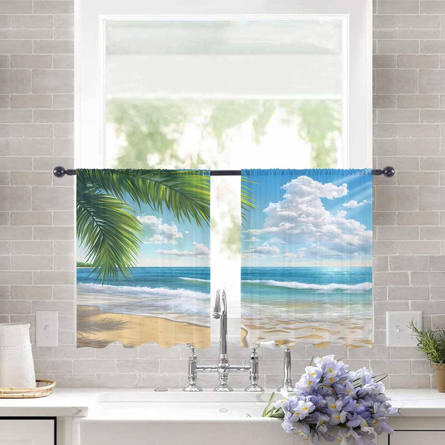 Summer Beach Sheer Curtains 45 Inches Length 2 Panels Set Chiffon Curtain Sheers for Living Room, Coastal Ocean Tropical Palm Trees Rod Pocket Window Drapes Sheer Privacy Curtains Panels