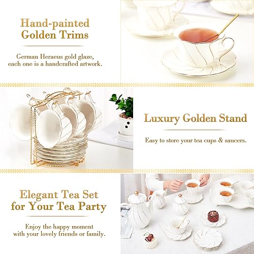 Miniatura 4 de DUJUST Juego de té de porcelana blanca de 23 piezas para 6, juego de tazas de té y café de lujo estilo británico con ribete dorado, hermoso juego de