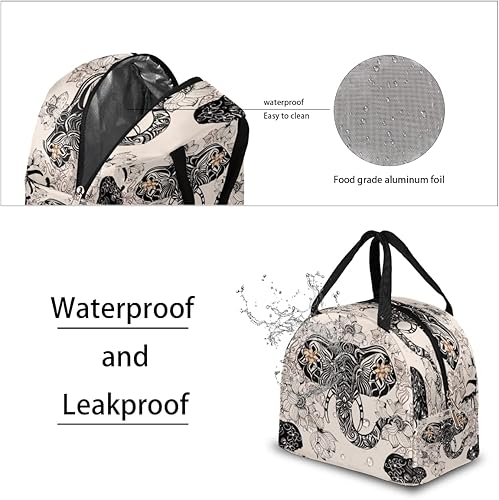 Miniatura 4 de Bolsa de almuerzo aislada para mujeres y hombres, elefante, flor étnica, impermeable, bolsa térmica reutilizable, contenedor para almuerzo, a prueba