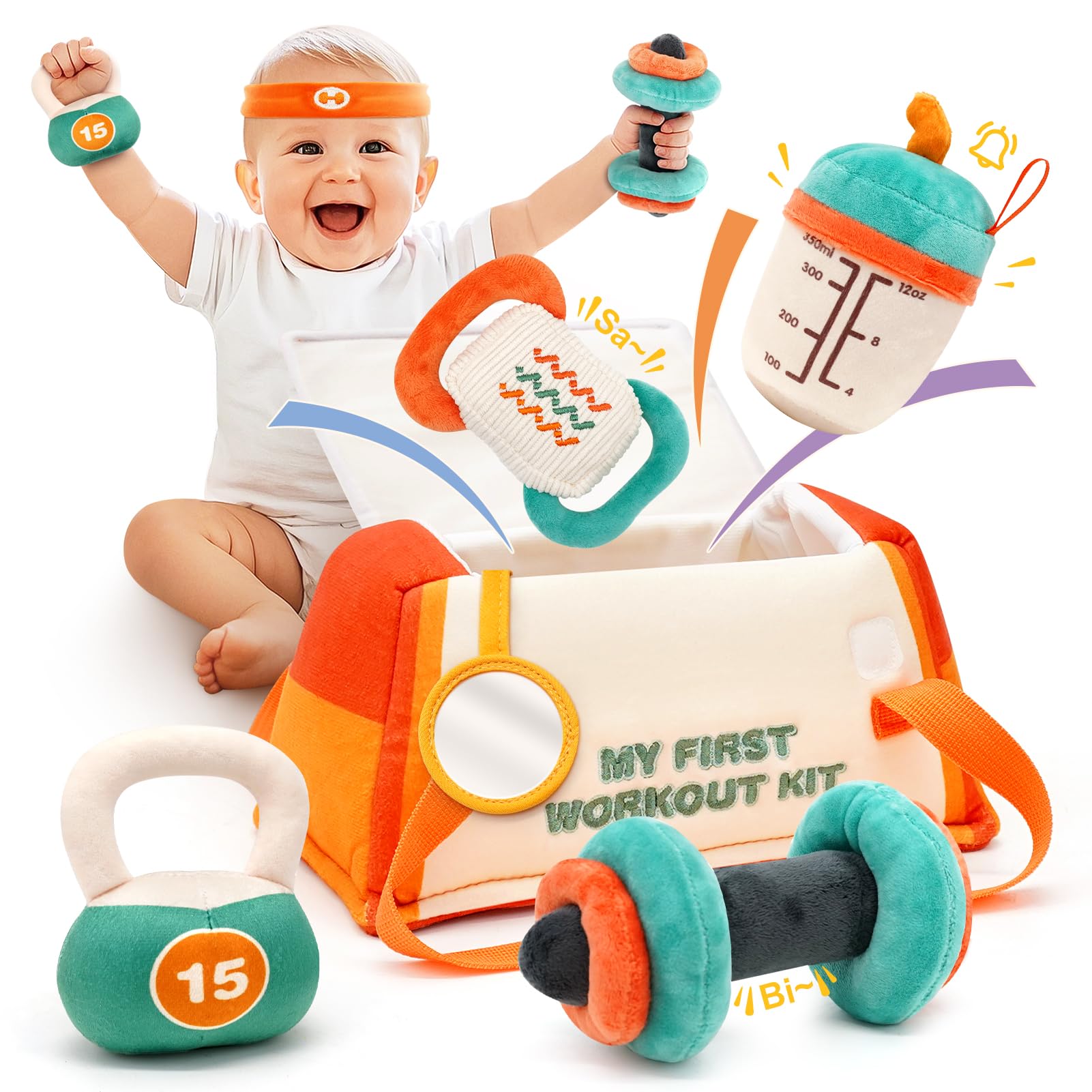 Vanplay Baby Toys 6-12 Months - Fitness Themed Sensory Rattle Set - Multicoloured Plush & Polypropylene Cotton