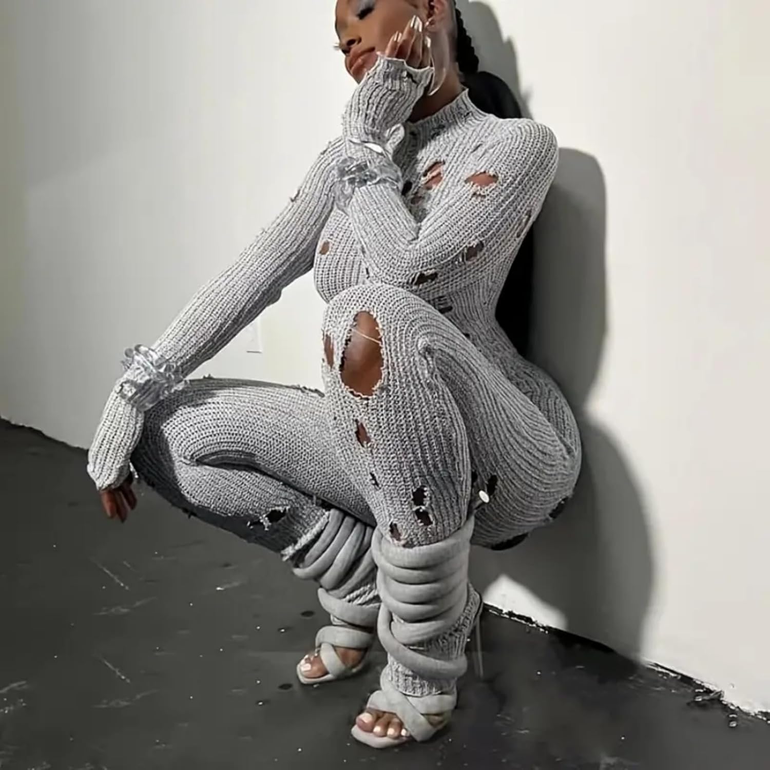 Womens Spiral Wrap Around Strap Lace Up High Heel Sandals – 4.13 Inch Grey Soft Knotted Strappy Stilettos Open Toe Heels