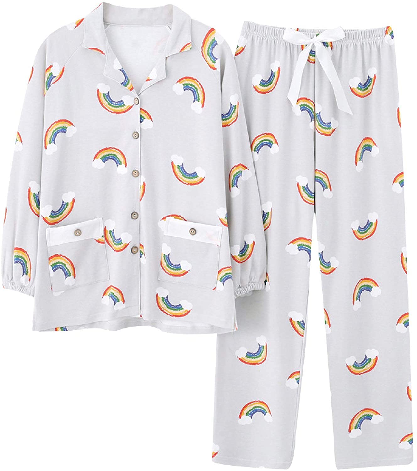 Piżamy damskie, komplety piżam w tęczowy wzór dla kobiet Stylowe piżamy z kreskówek Długie rękawy Długie patelnie Piżamy damskie Casual Homewear Duży rozmiar, a, XL