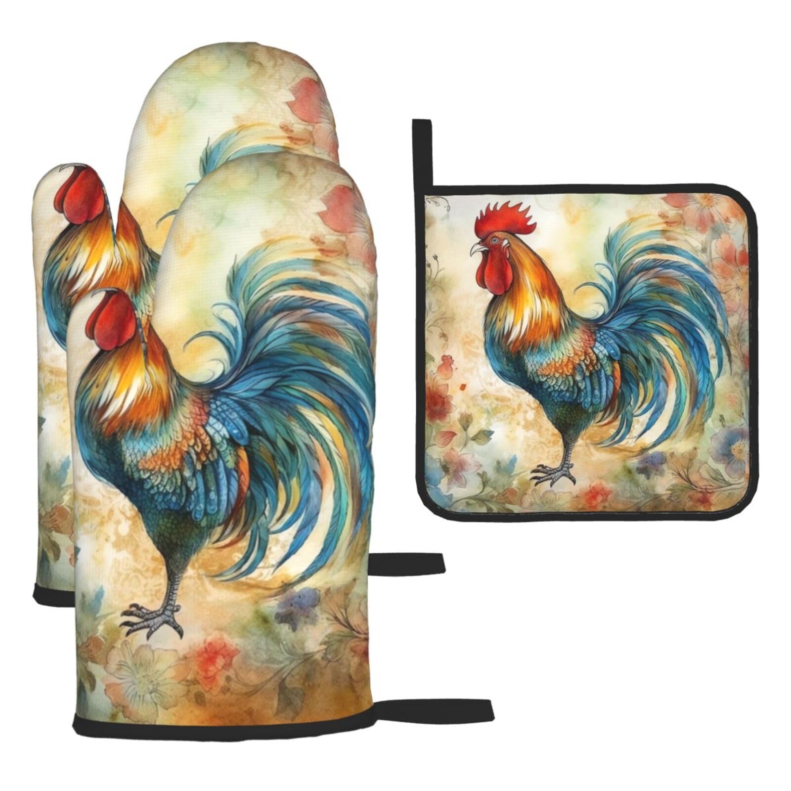 Oven Mitts and Pot Holders Sets of 3 Flowers and Rooster Oven Mitts 3 Pcs Heat Resistant Non Slip Ovens Gloves Hot Pads Kitchen Gloves Potholders for Baking Cooking BBQ Grilling
