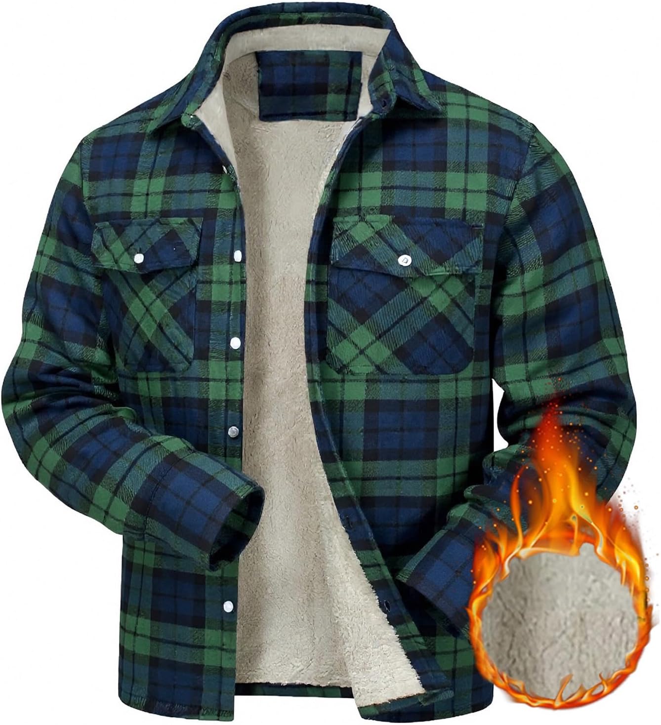 Men's Flannel Jacket Sherpa Fleece Lined Plaid Shirt Jacket Lapel Singel Button Down Coats Warm Thicken Winter Outwear