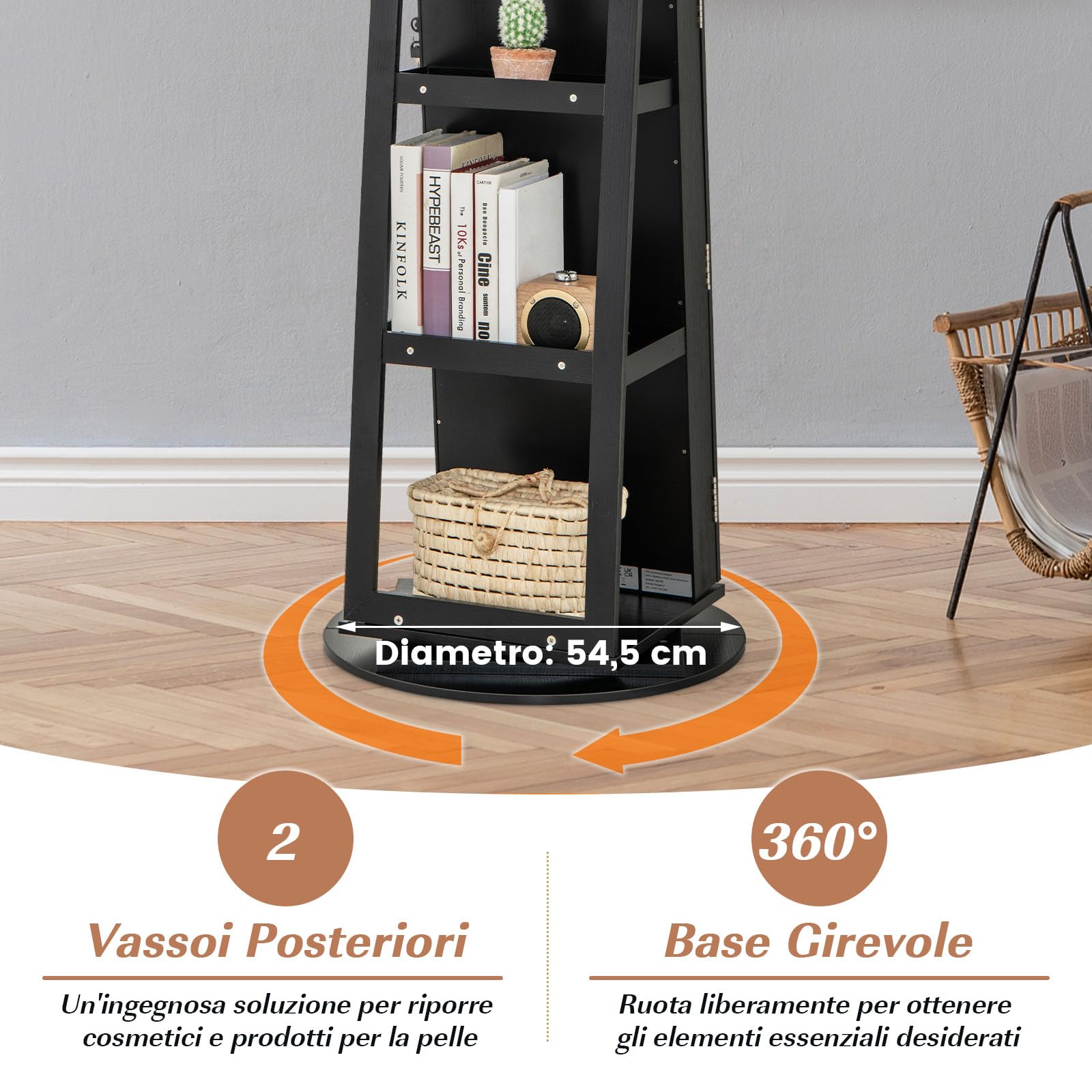 GYMAX Armadietto per Gioielli Girevole a 360°, con Specchio a Figura Intera Luce a LED a 3 Colori, Specchio Interno per il Trucco con Serratura, 54,5 x 54,5 x 161cm (NERO)