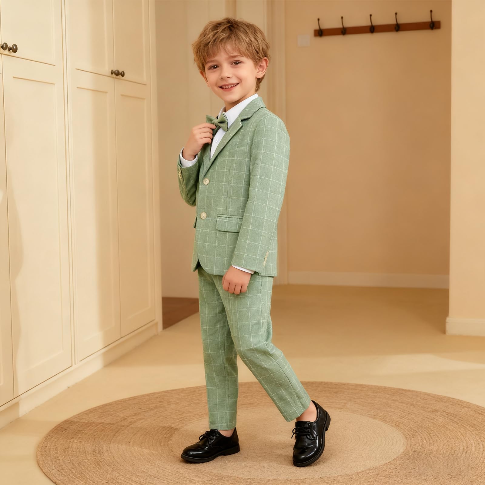 LOLANTA 3-teiliges Jungen Plaid Anzug Set, Eleganter Blazer für Hochzeits-Abschlussball, Formelle Kleidung Jacken-Hose-Fliege Set