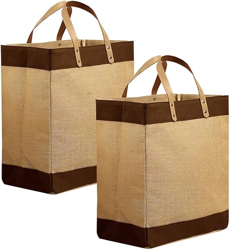 Preferred Nation Kona - Bolsa de yute (juego de 2), arpillera con asas de cuero, extra ancha para comestibles, compras, playa, bolsa de salida,