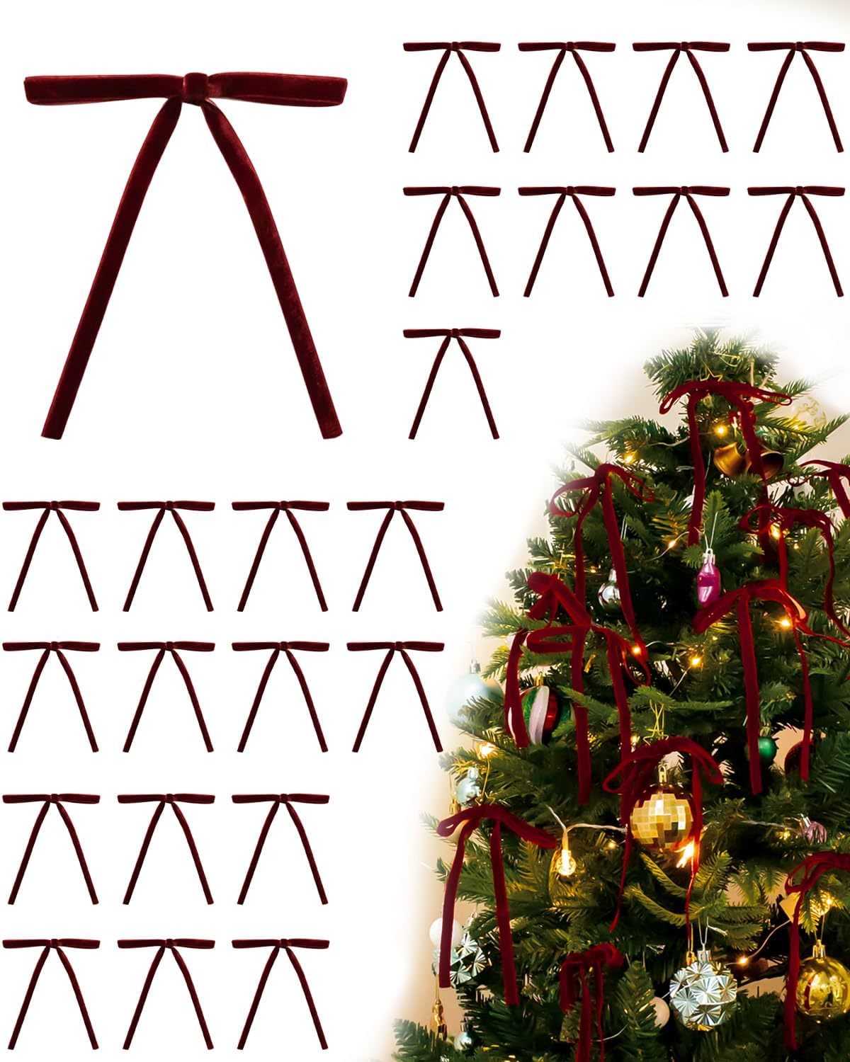Velvet Christmas Tree Bows – 24 Pcs Holiday Bows (3/8 Wide, 5x7) with Star Clips – Easy Hanging for Tree, Wreath, Gifts & Décor (Burgundy)